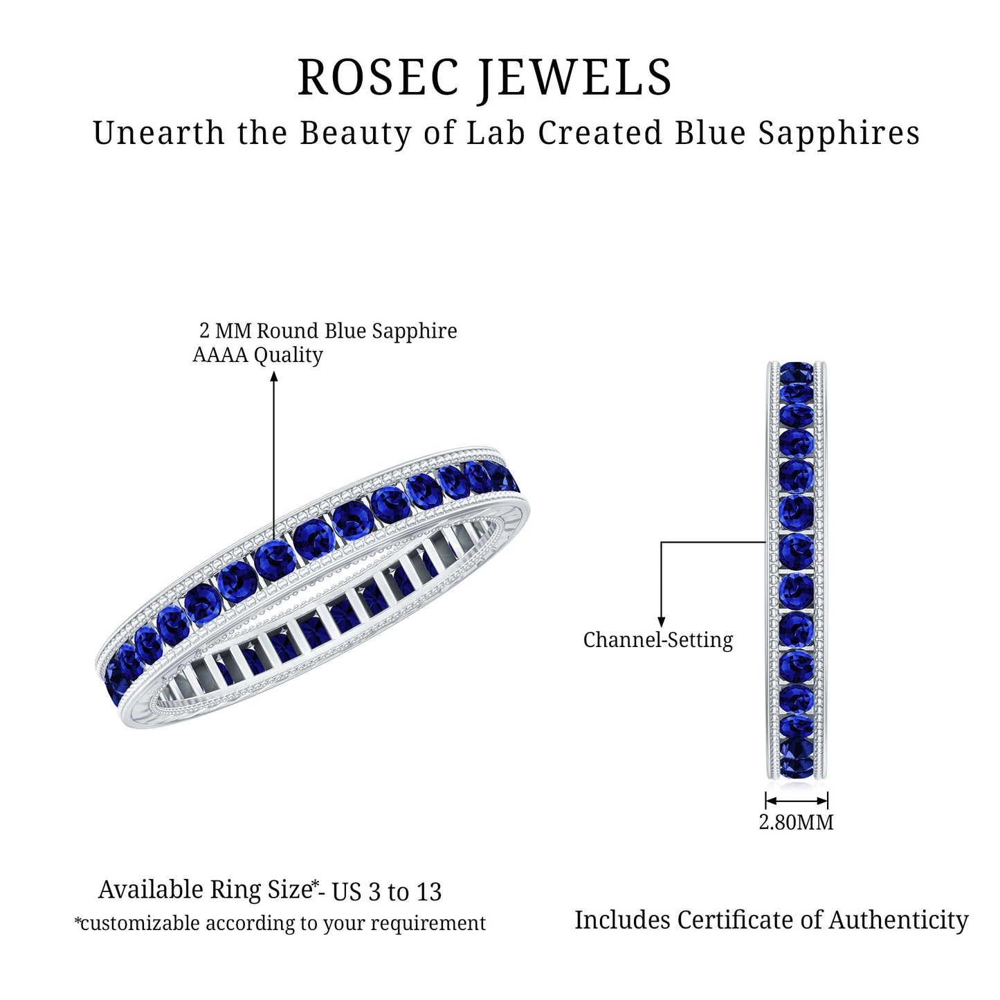 Certified Lab Created Blue Sapphire Full Eternity Ring in Channel Setting