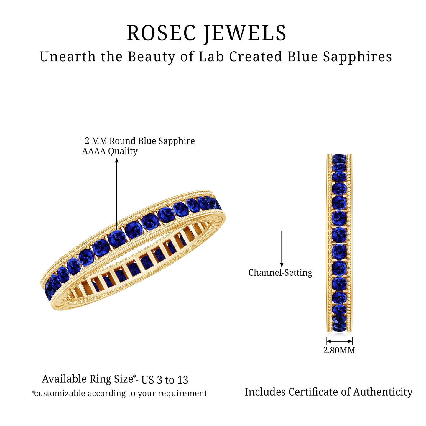 Certified Lab Created Blue Sapphire Full Eternity Ring in Channel Setting