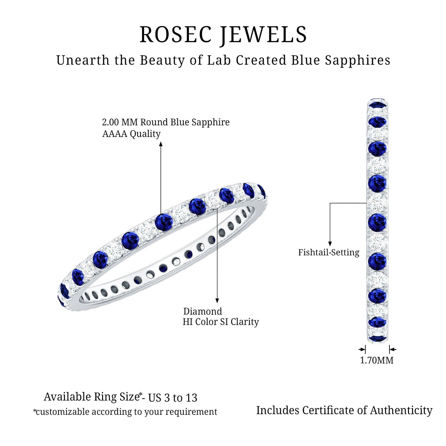 Certified Lab Grown Blue Sapphire Eternity Ring with Diamond