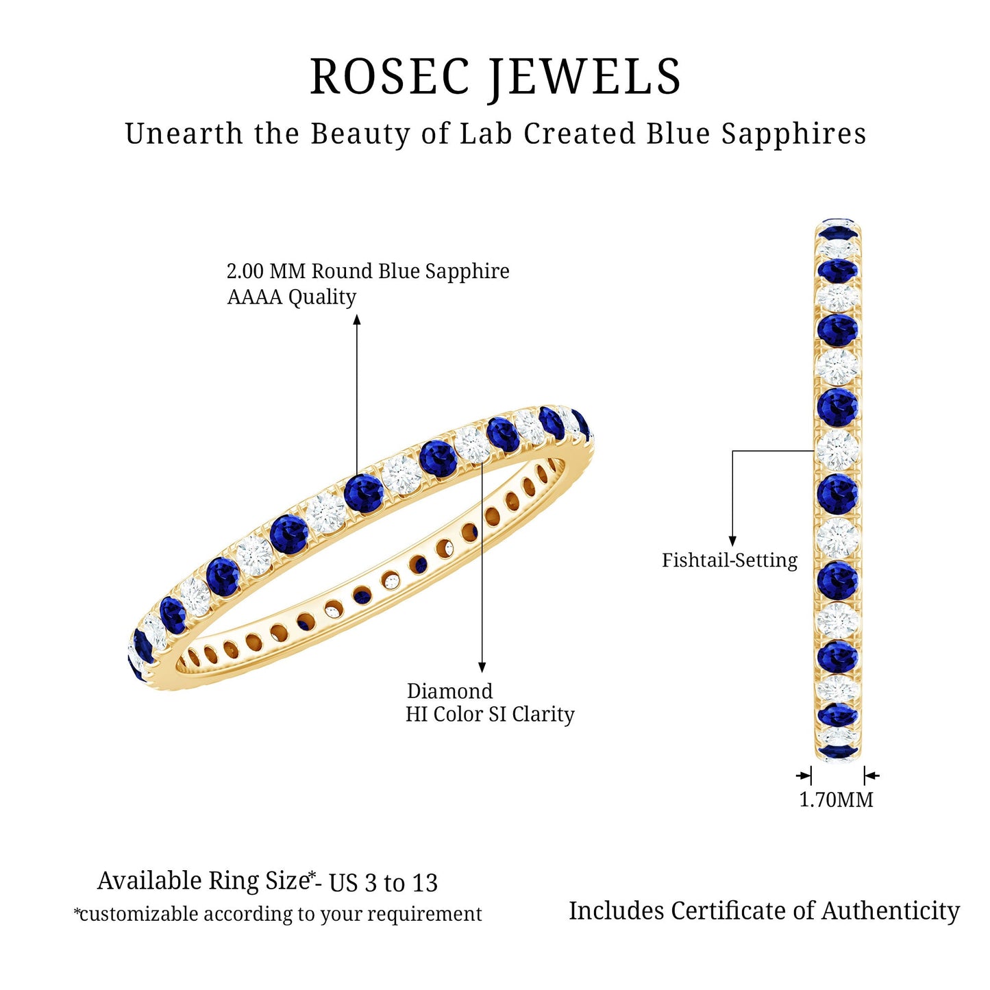 Certified Lab Grown Blue Sapphire Eternity Ring with Diamond