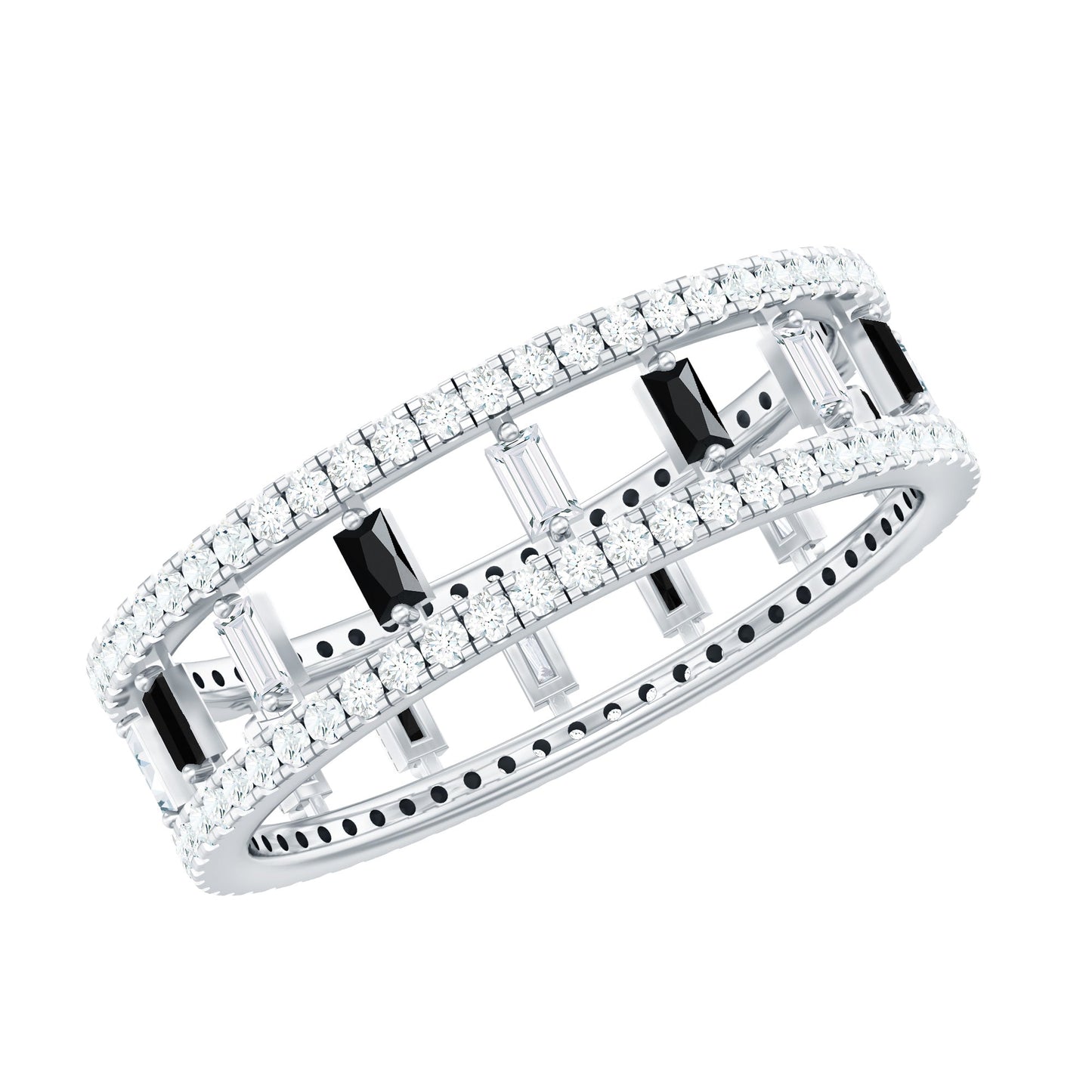 Baguette Cut Black Spinel and Moissanite Wedding Band