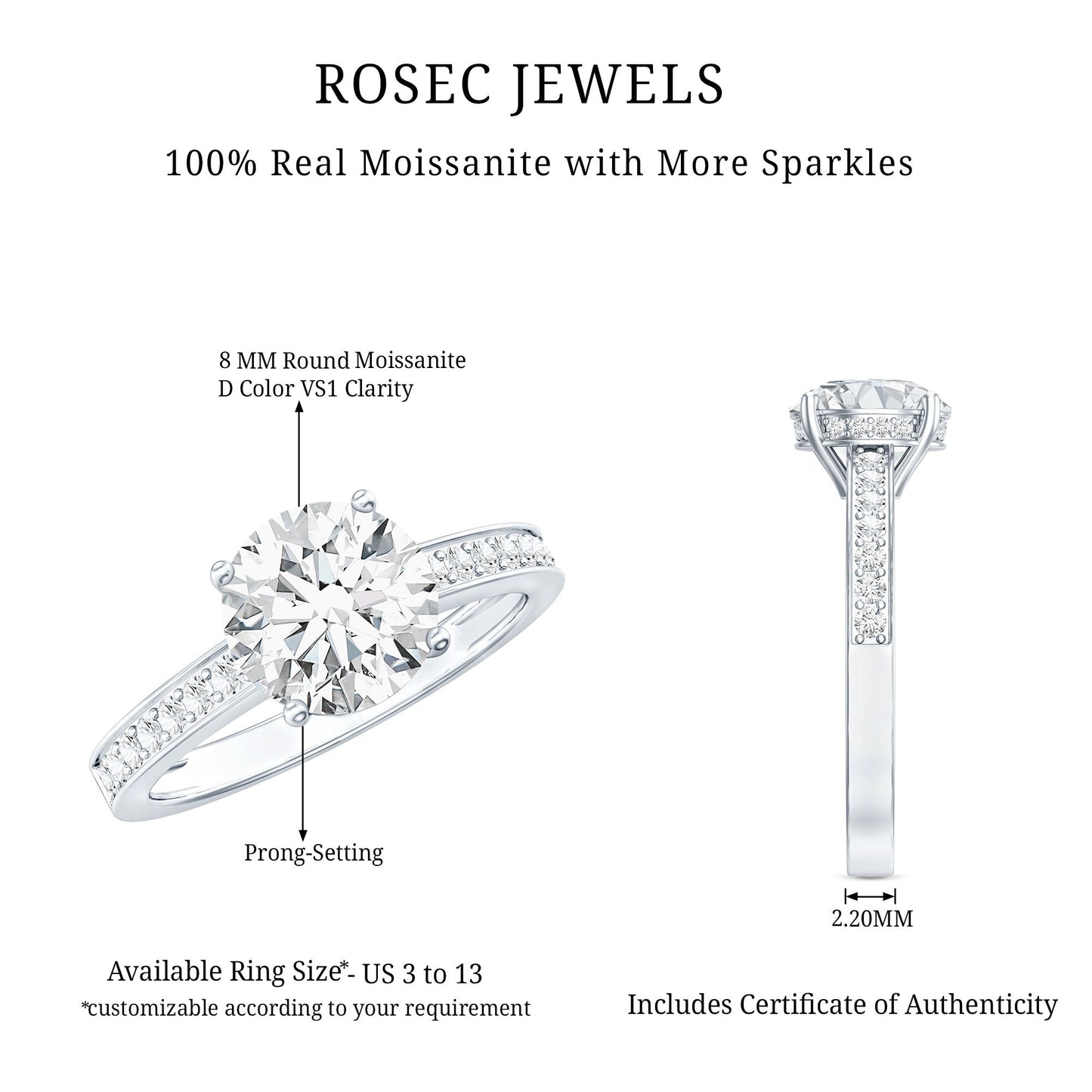 2.25 CT Round Cut Moissanite Engagement Ring in 4 Prong Setting
