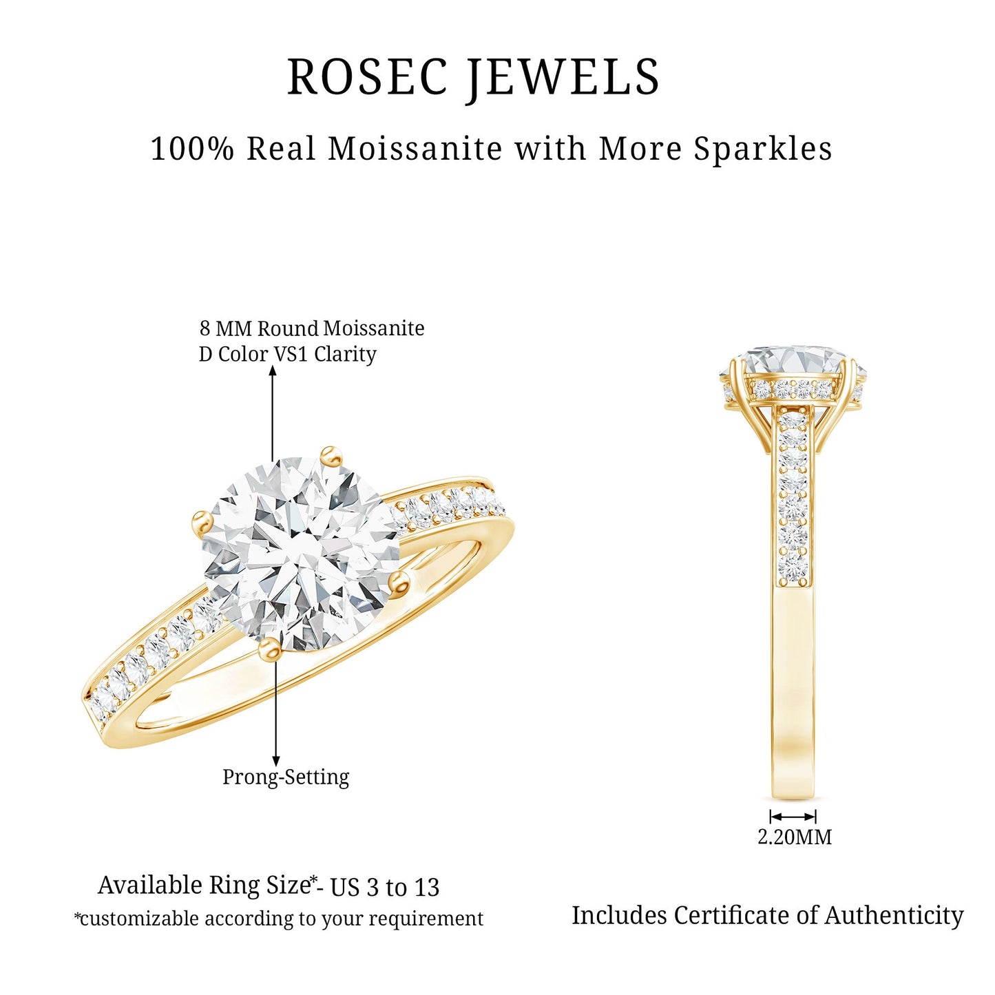 2.25 CT Round Cut Moissanite Engagement Ring in 4 Prong Setting