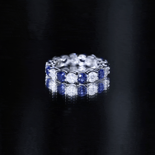 Certified Lab Blue Sapphire and Moissanite Round Eternity Band Ring