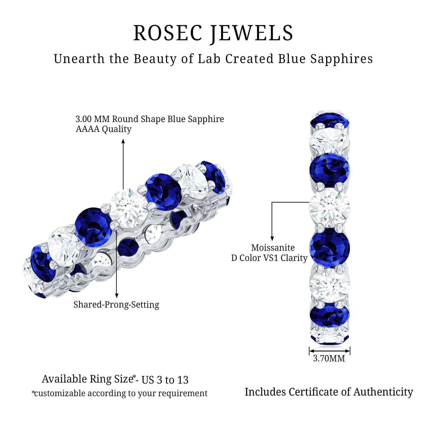 Certified Lab Blue Sapphire and Moissanite Round Eternity Band Ring
