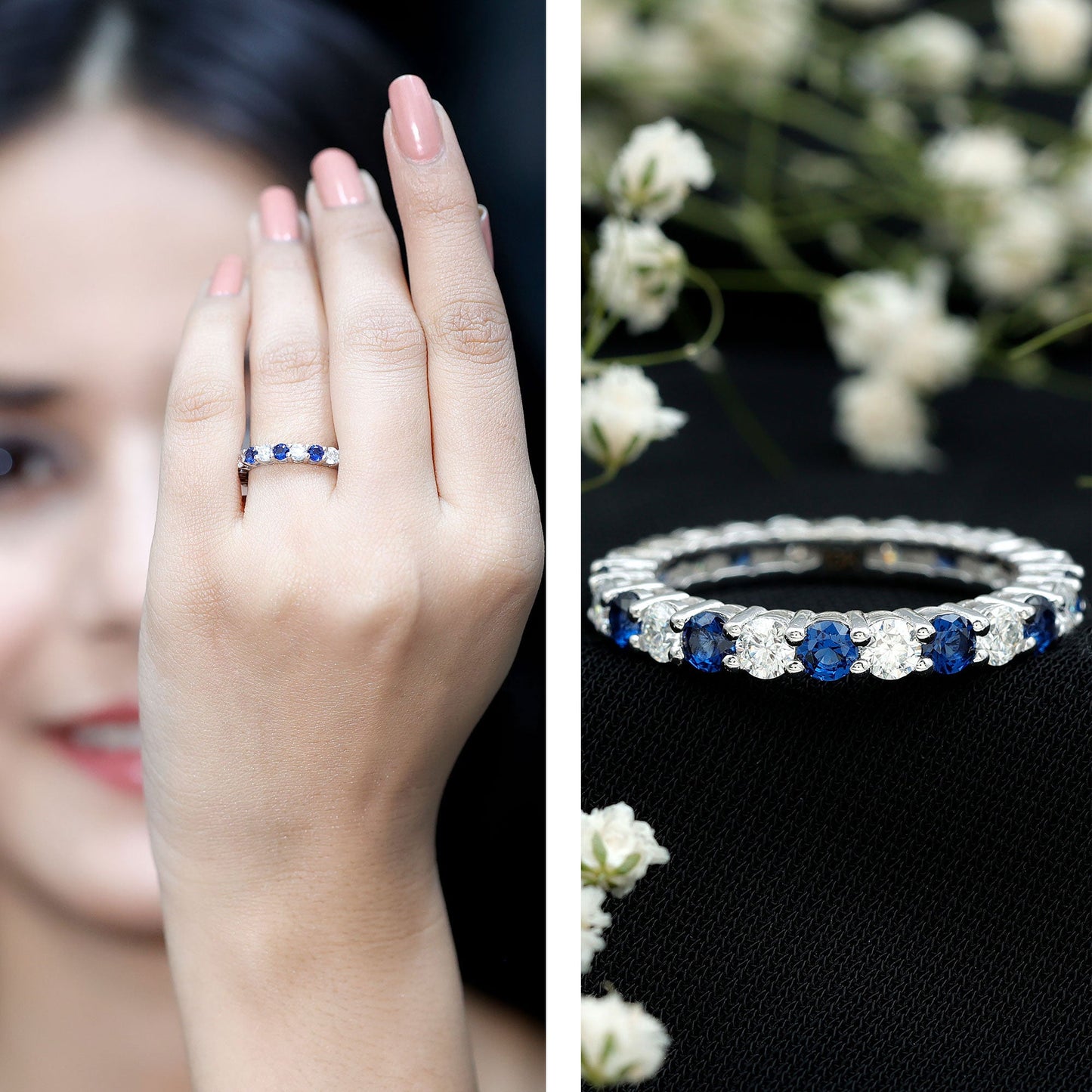 Certified Lab Blue Sapphire and Moissanite Round Eternity Band Ring