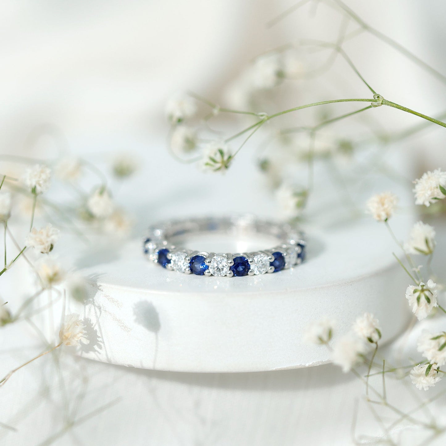 Certified Lab Blue Sapphire and Moissanite Round Eternity Band Ring