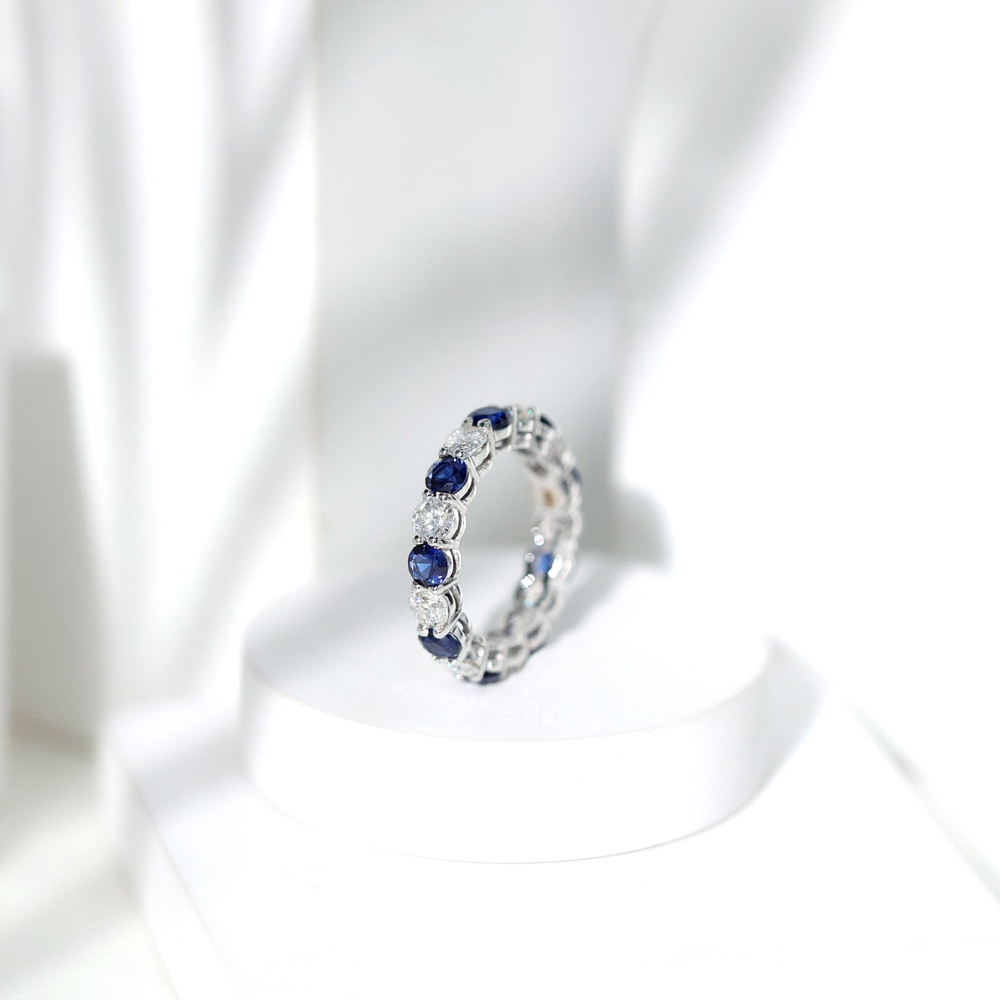 Certified Lab Blue Sapphire and Moissanite Round Eternity Band Ring