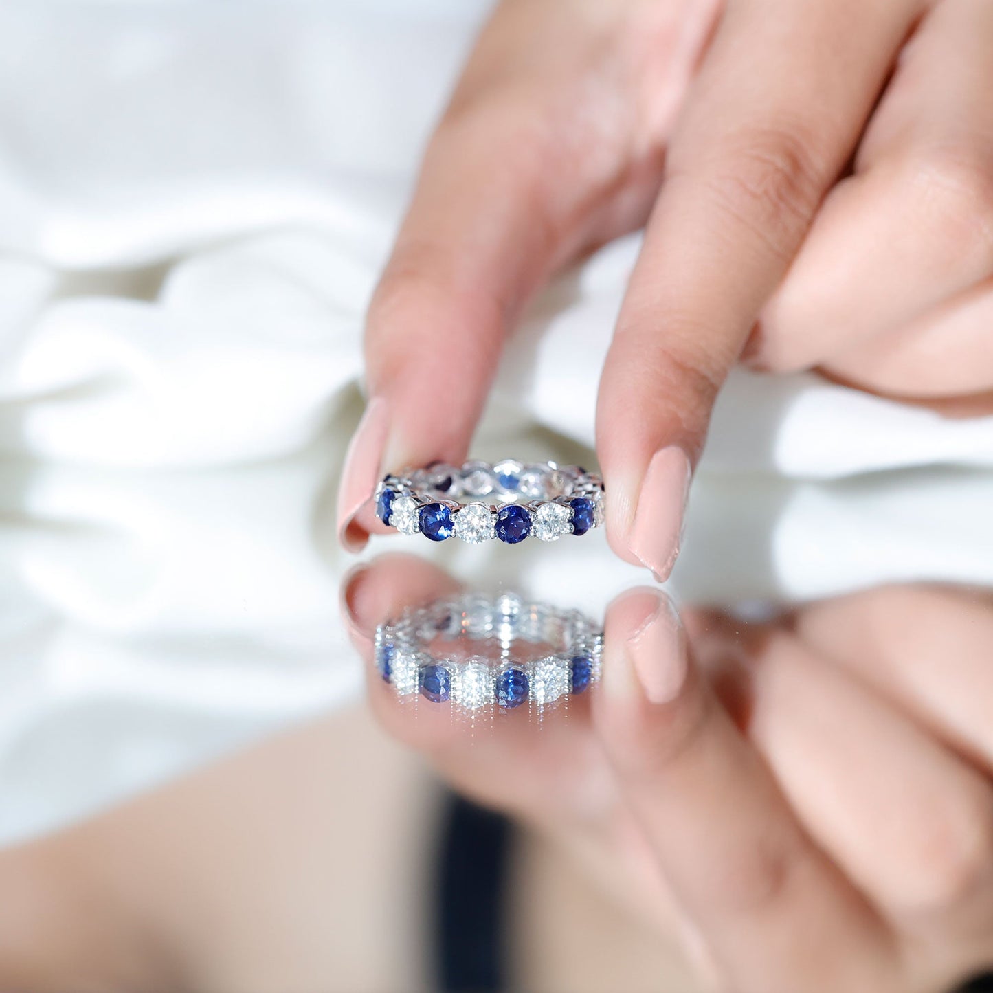 Certified Lab Blue Sapphire and Moissanite Round Eternity Band Ring