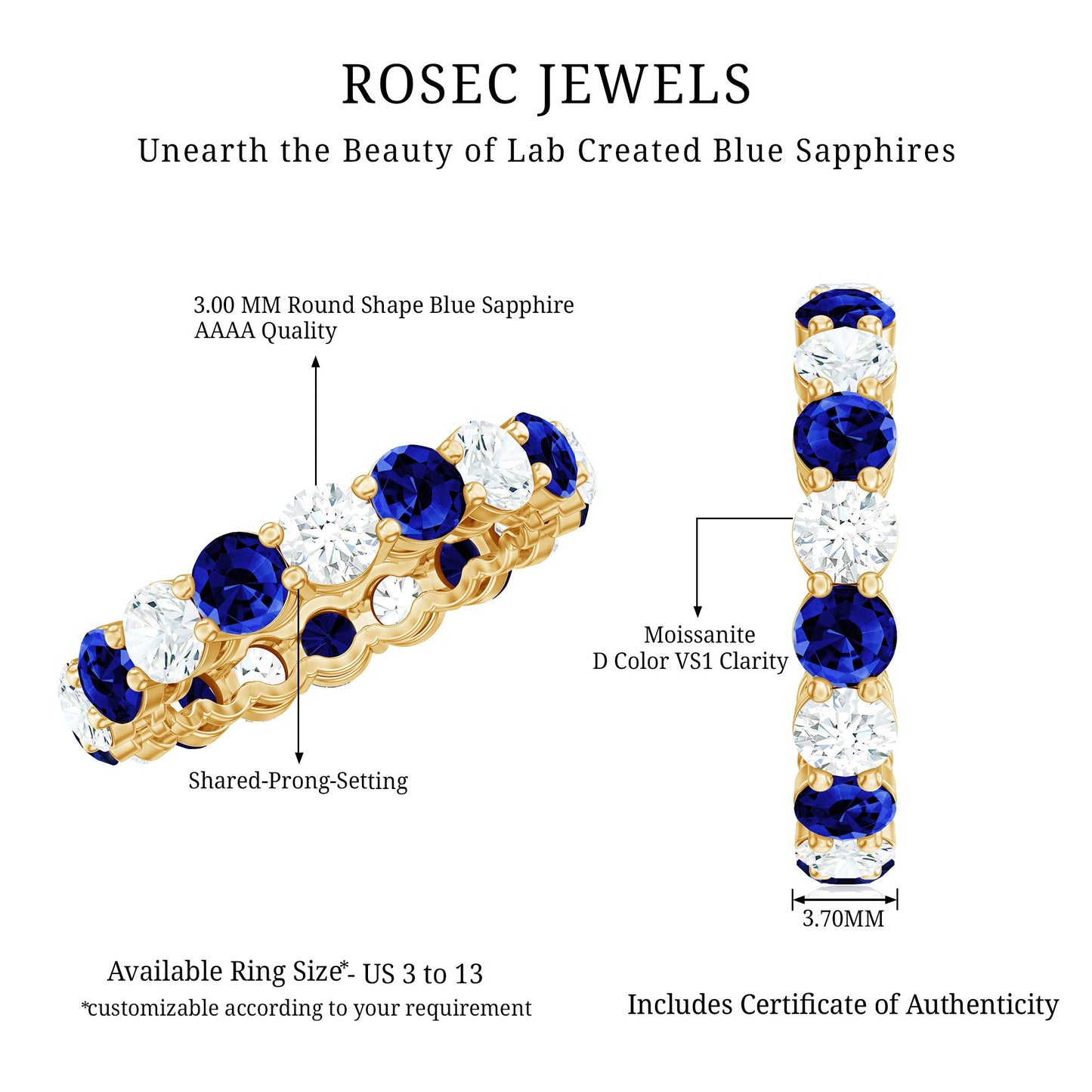 Certified Lab Blue Sapphire and Moissanite Round Eternity Band Ring