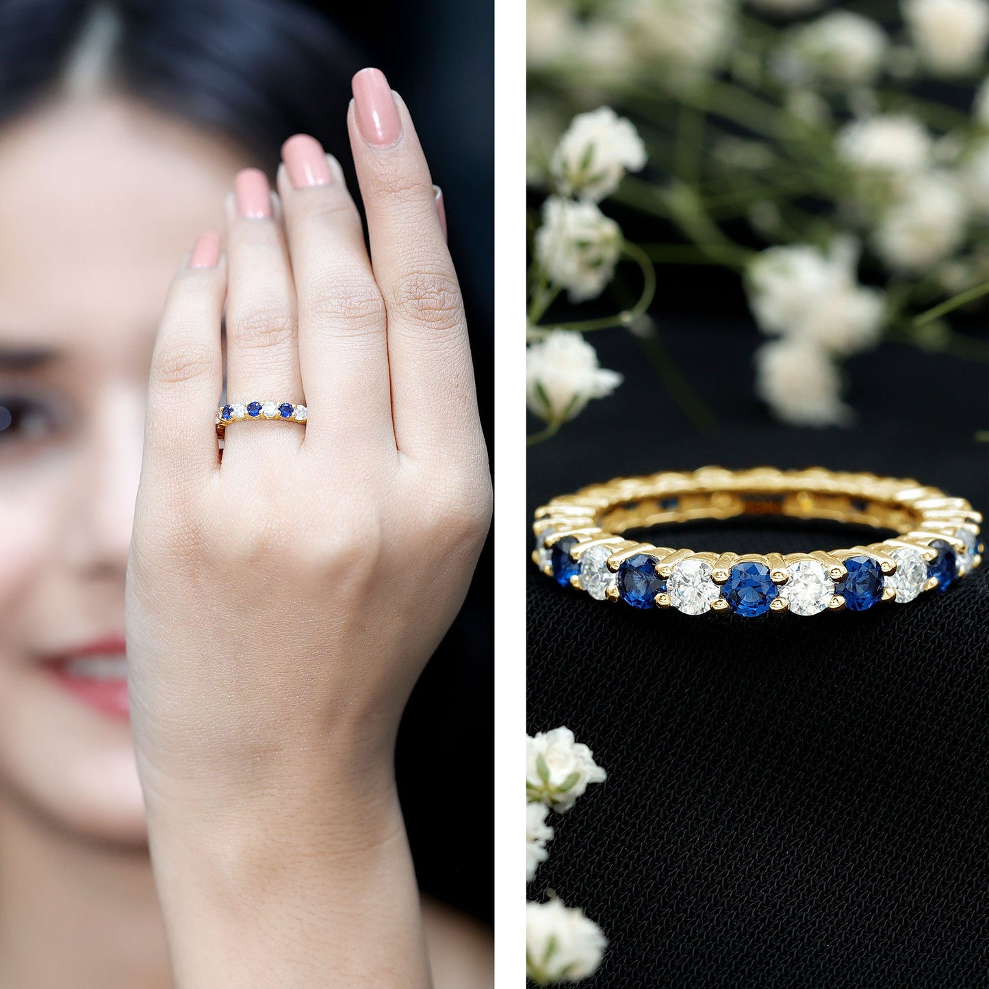 Certified Lab Blue Sapphire and Moissanite Round Eternity Band Ring