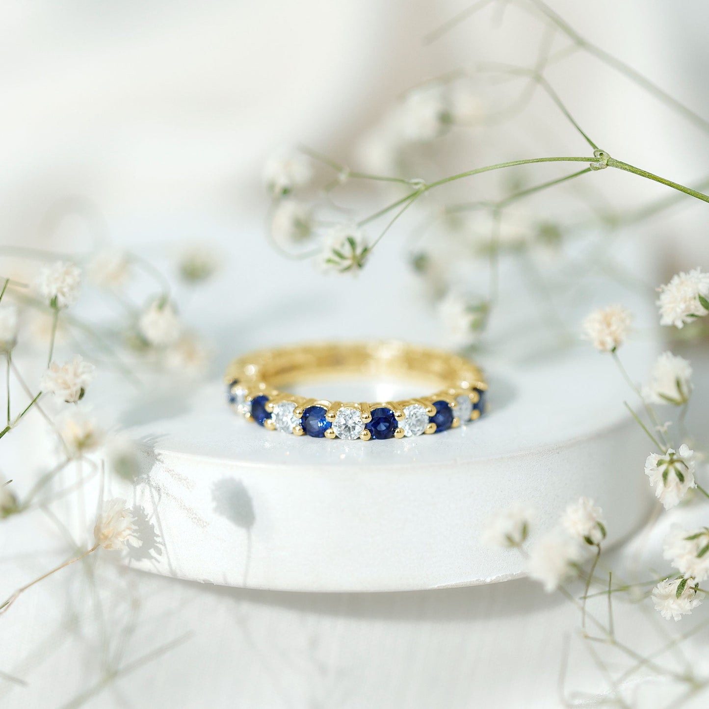 Certified Lab Blue Sapphire and Moissanite Round Eternity Band Ring