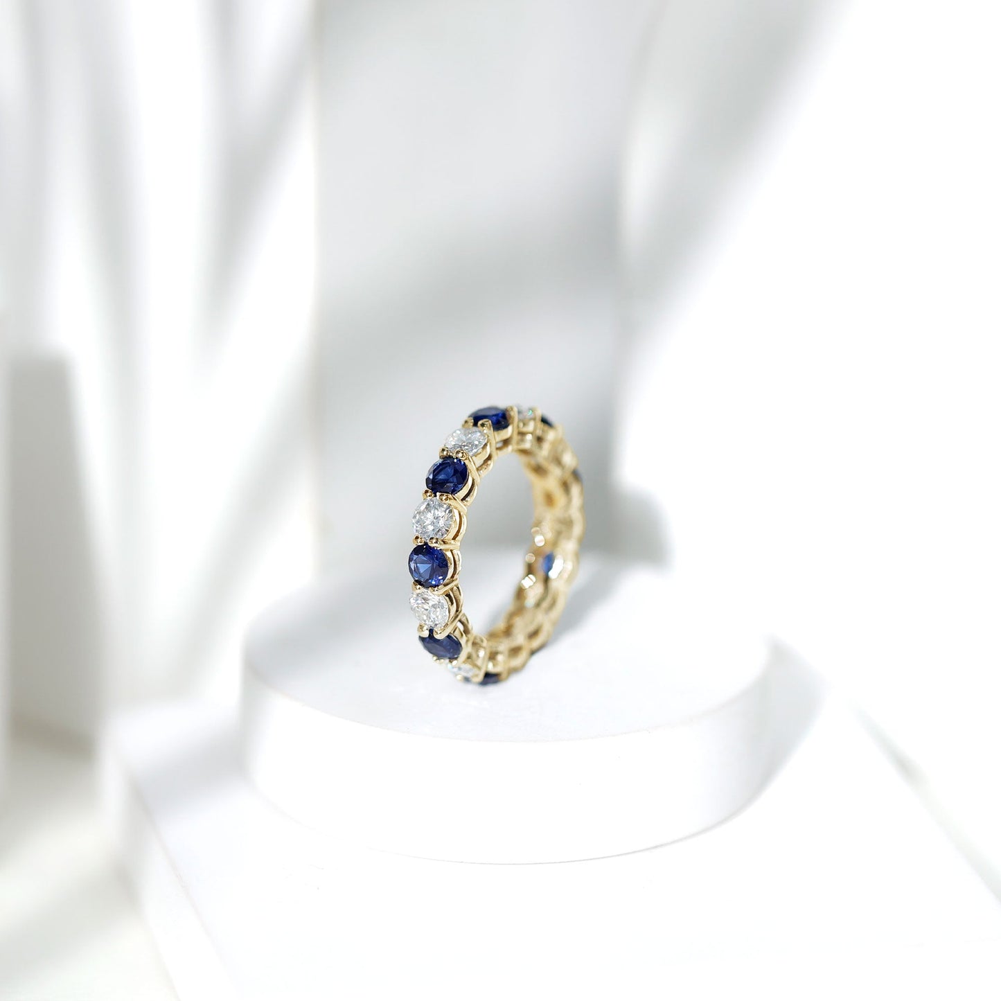 Certified Lab Blue Sapphire and Moissanite Round Eternity Band Ring
