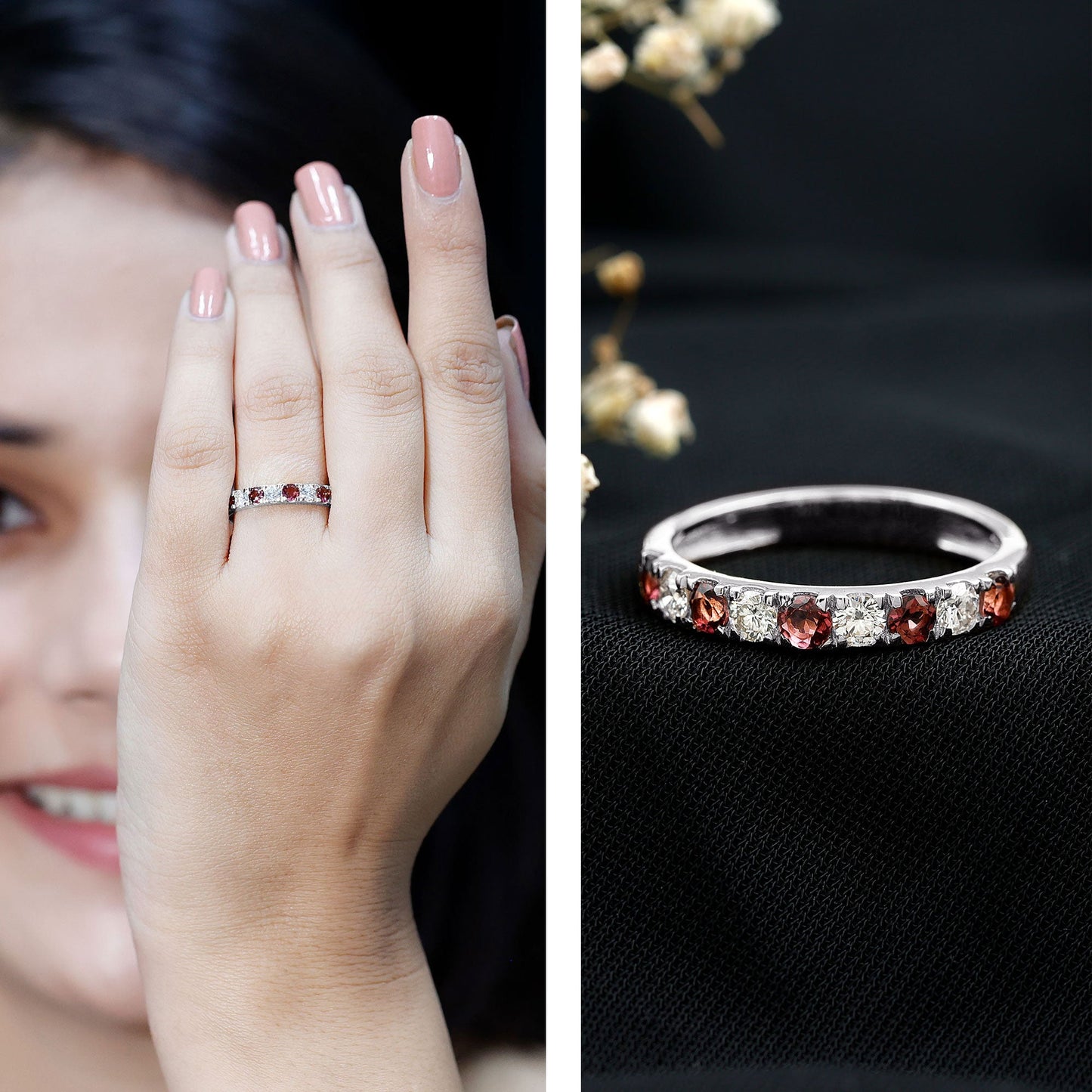 Natural Pink Tourmaline and Diamond Wedding Band Ring