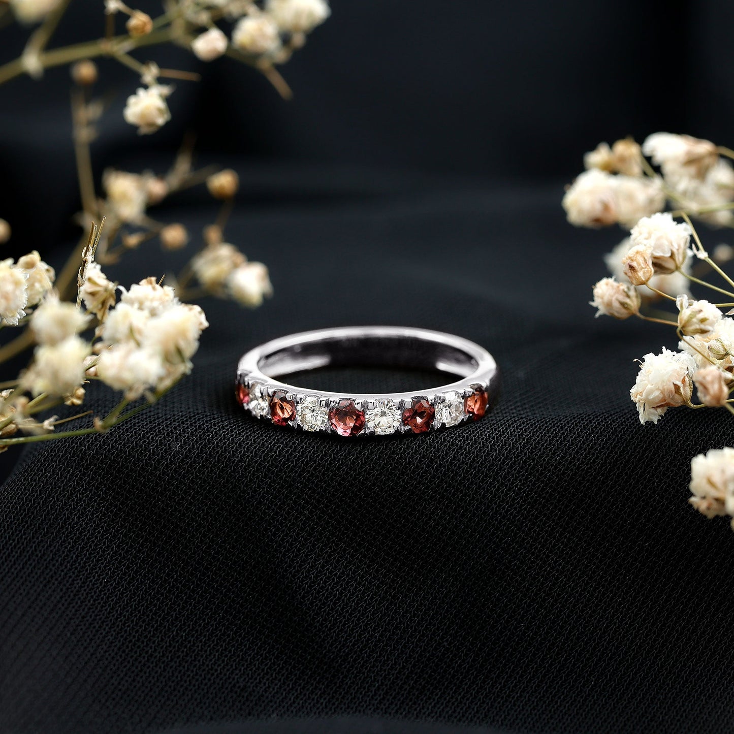 Natural Pink Tourmaline and Diamond Wedding Band Ring