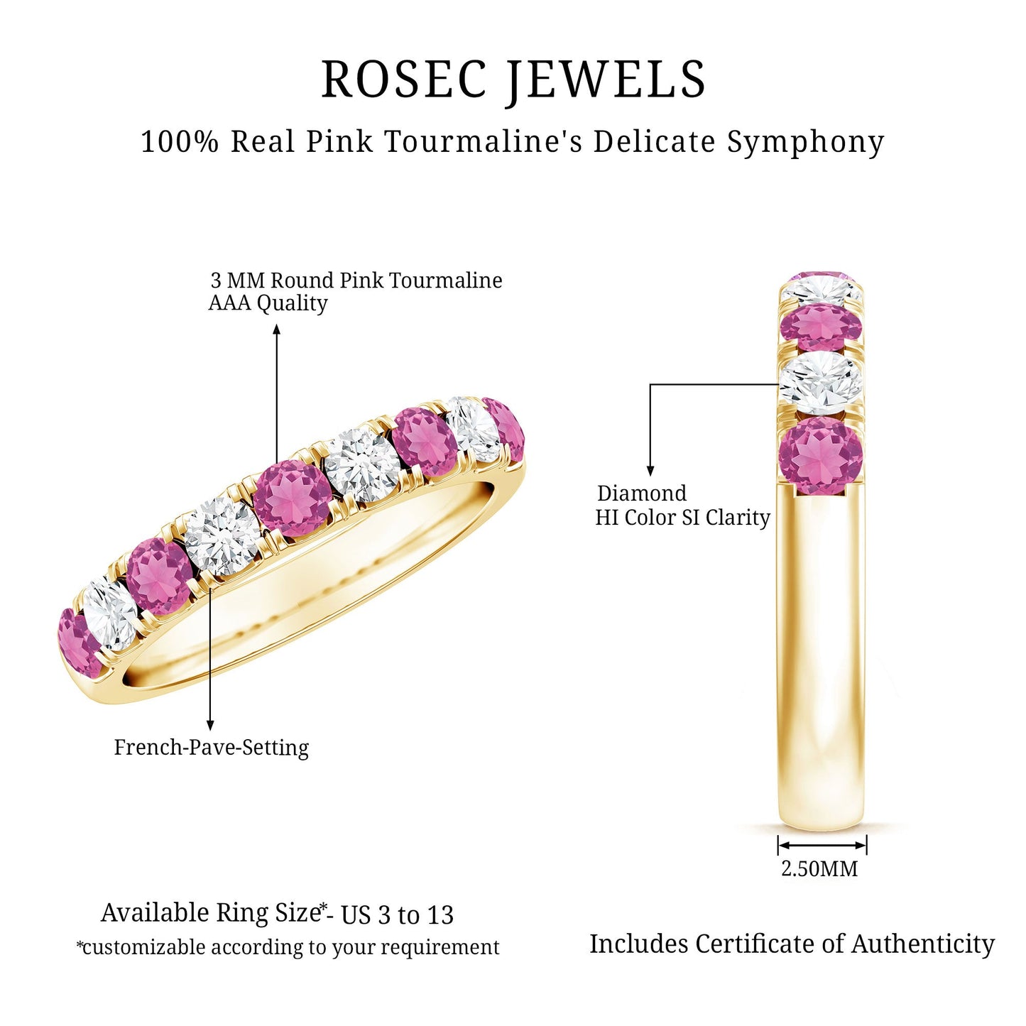Natural Pink Tourmaline and Diamond Wedding Band Ring