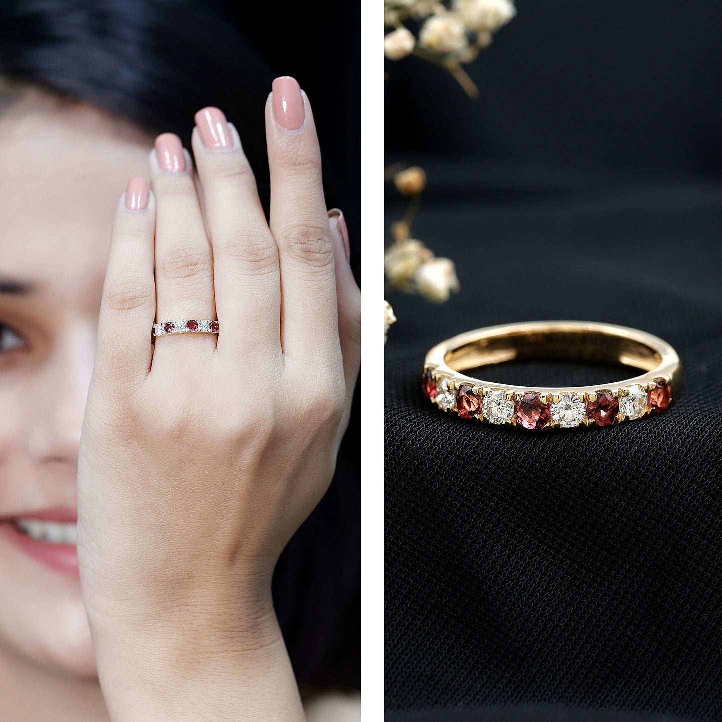 Natural Pink Tourmaline and Diamond Wedding Band Ring