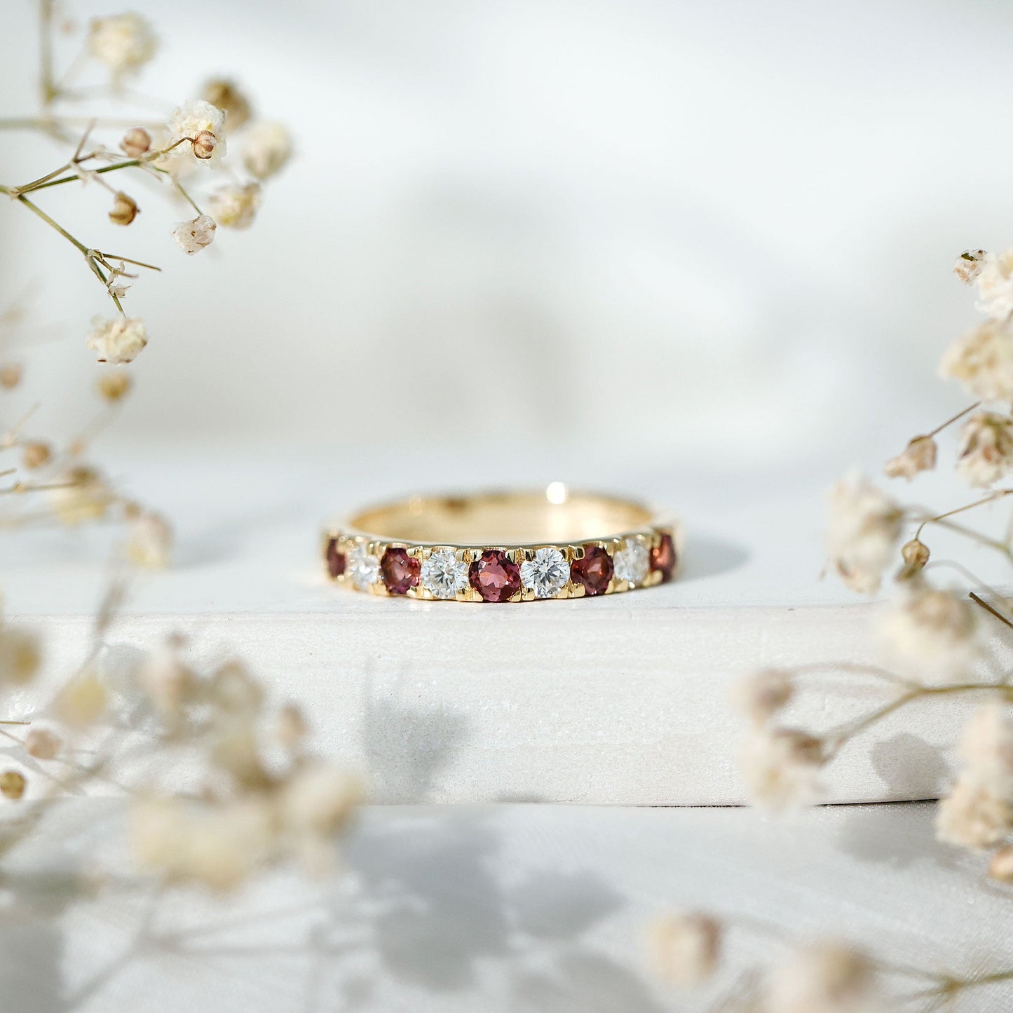 Natural Pink Tourmaline and Diamond Wedding Band Ring