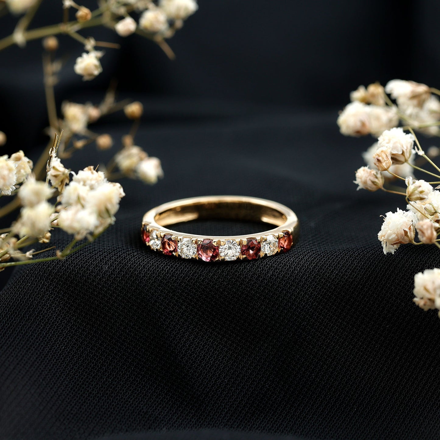 Natural Pink Tourmaline and Diamond Wedding Band Ring