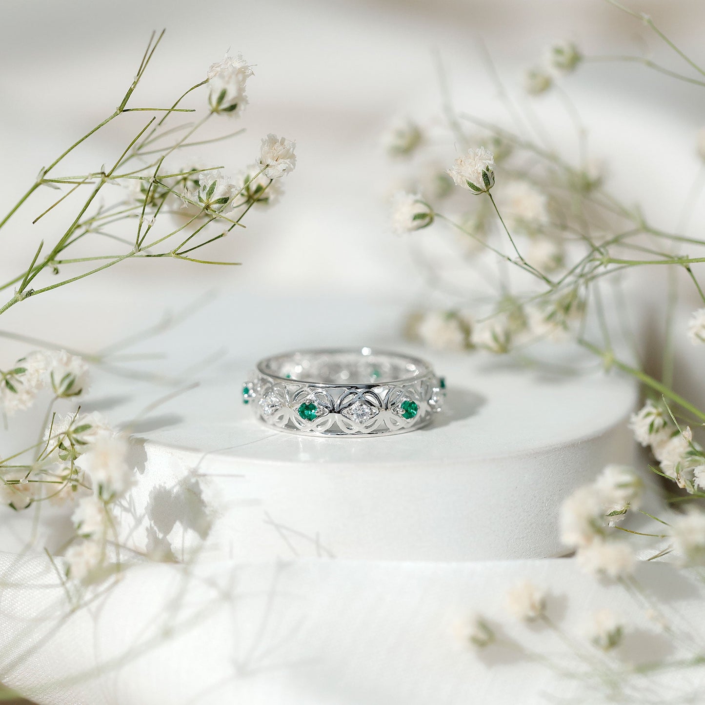 Lab Emerald and Moissanite Vintage Wedding Band Ring