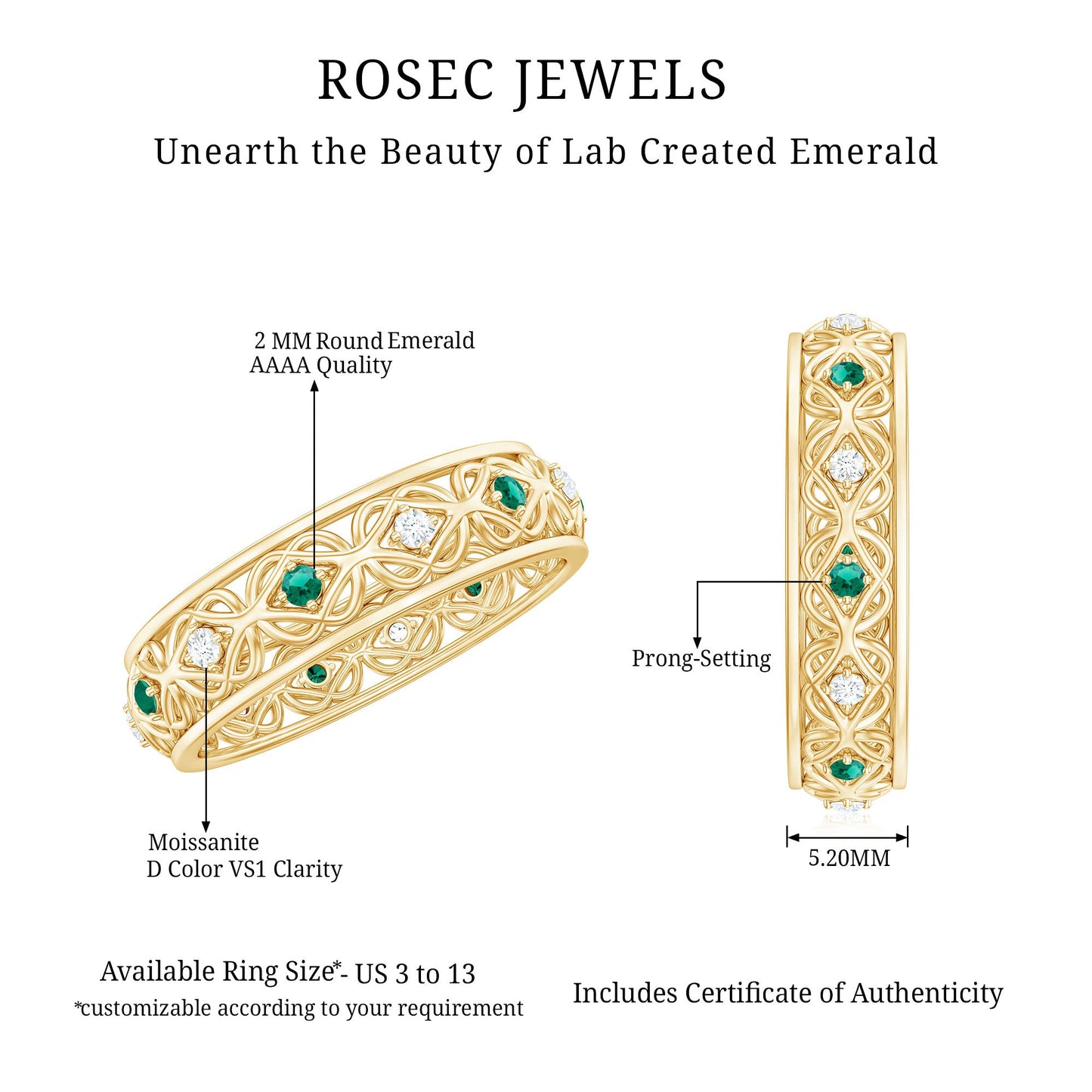 Lab Emerald and Moissanite Vintage Wedding Band Ring