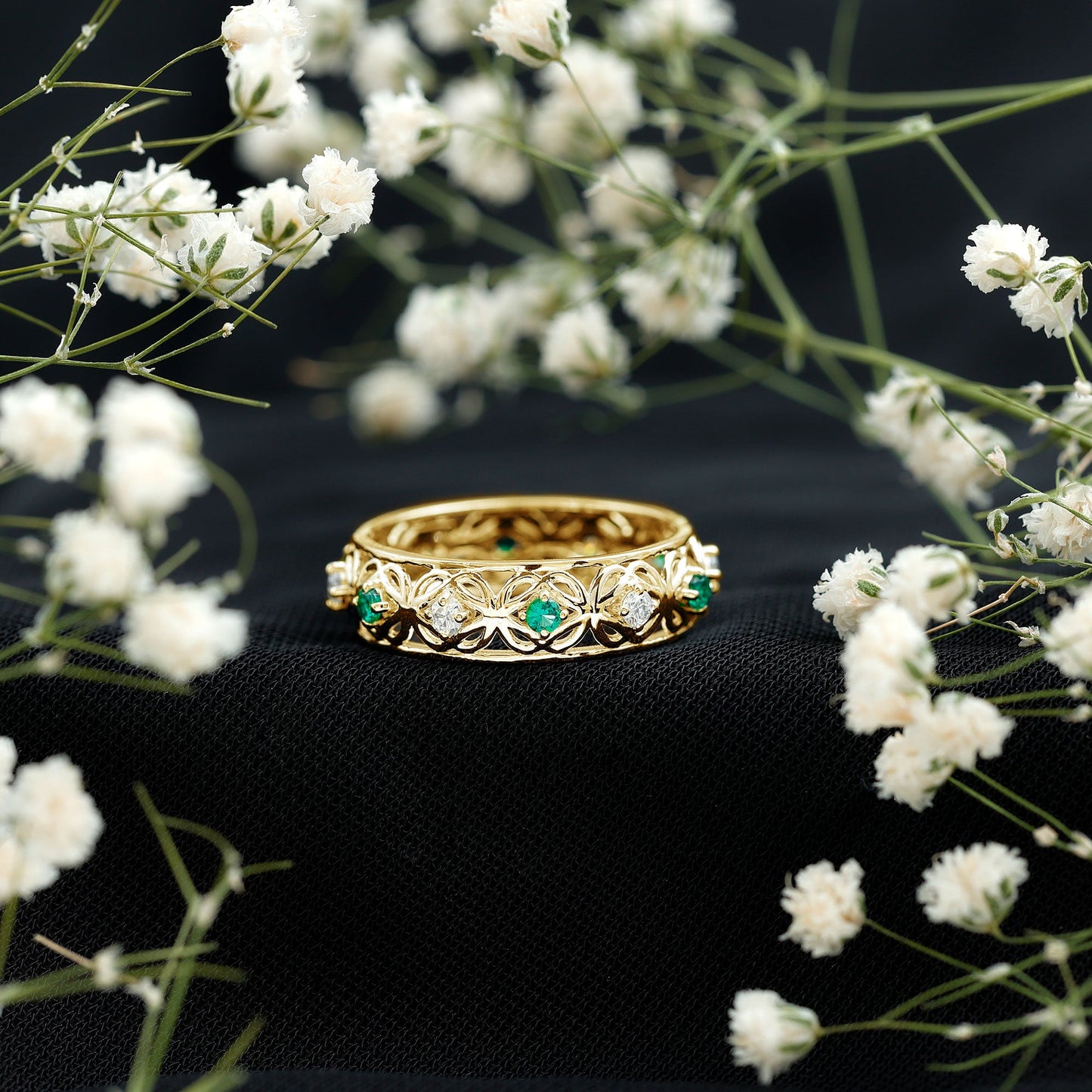 Lab Emerald and Moissanite Vintage Wedding Band Ring