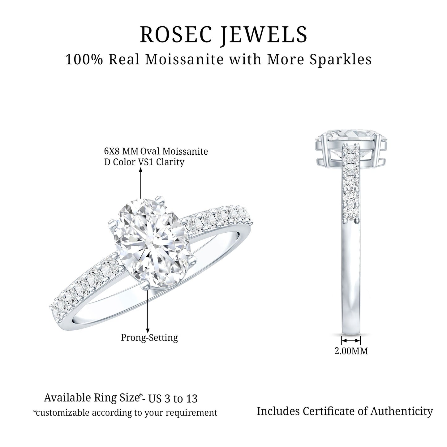 Certified 6X8 MM Moissanite Oval Engagement Ring With Side Stones
