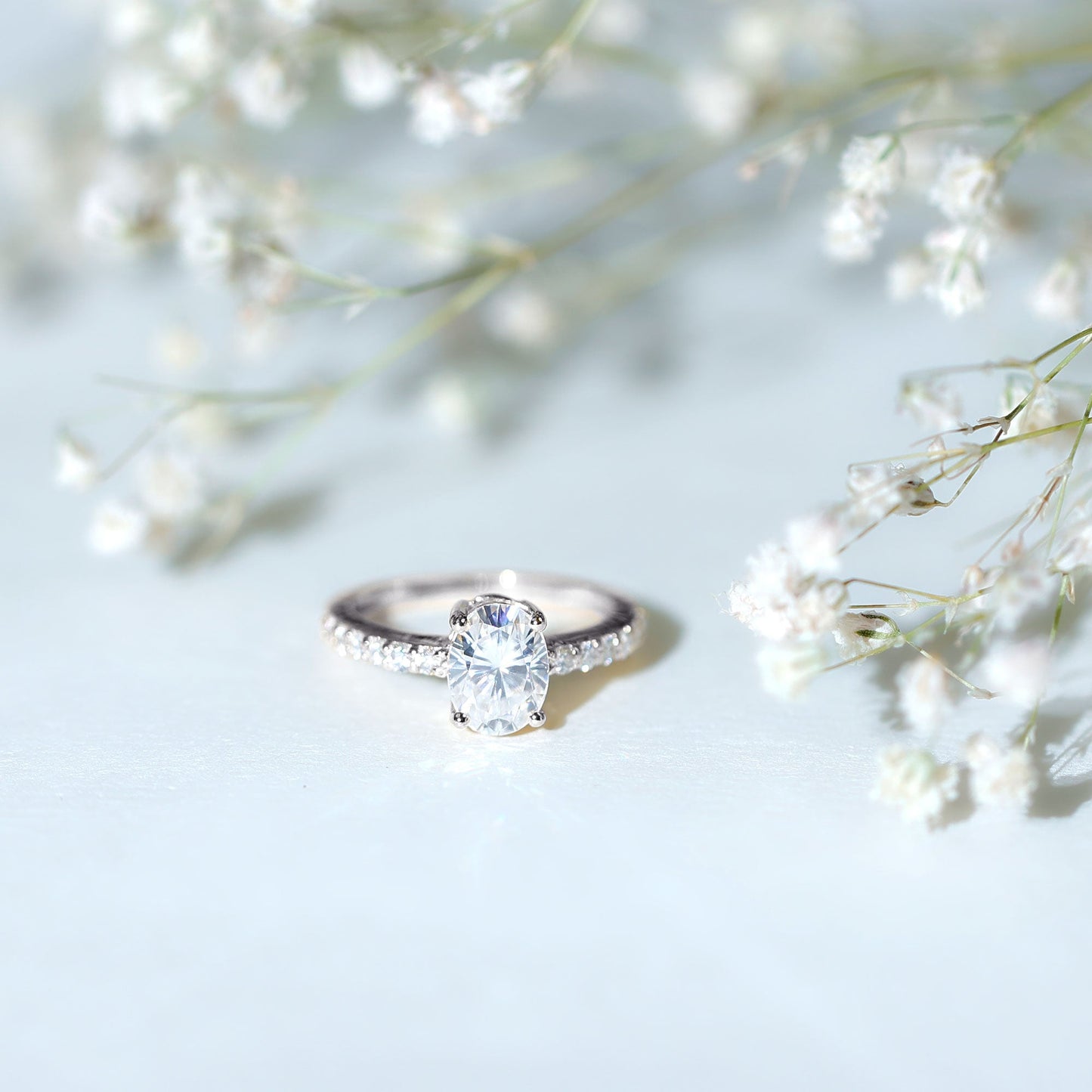 Certified 6X8 MM Moissanite Oval Engagement Ring With Side Stones
