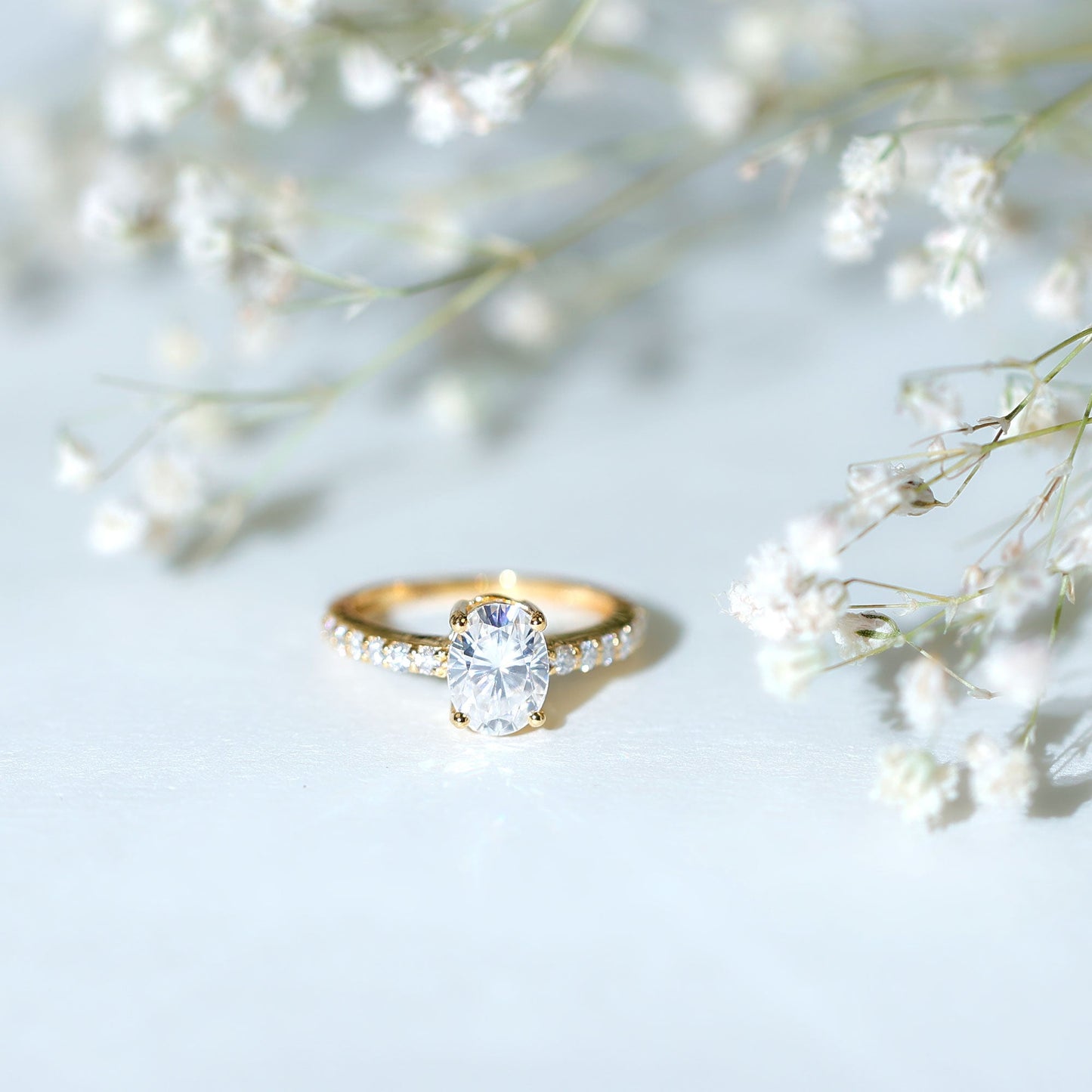 Certified 6X8 MM Moissanite Oval Engagement Ring With Side Stones