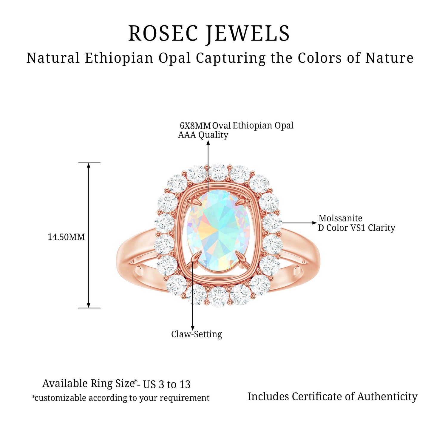 6x8mm Oval Cut Ethiopian Opal Halo Engagement Ring with Moissanite
