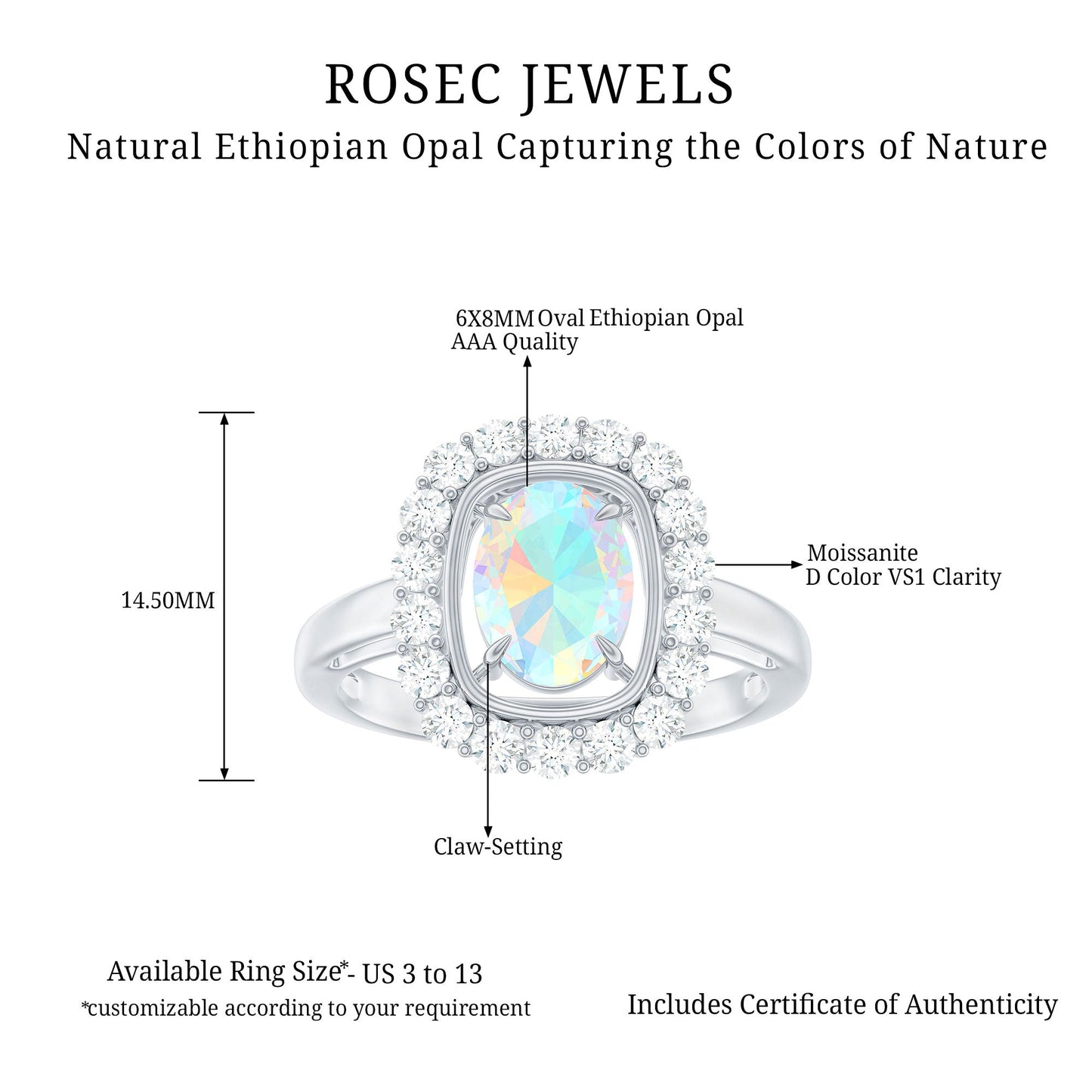6x8mm Oval Cut Ethiopian Opal Halo Engagement Ring with Moissanite