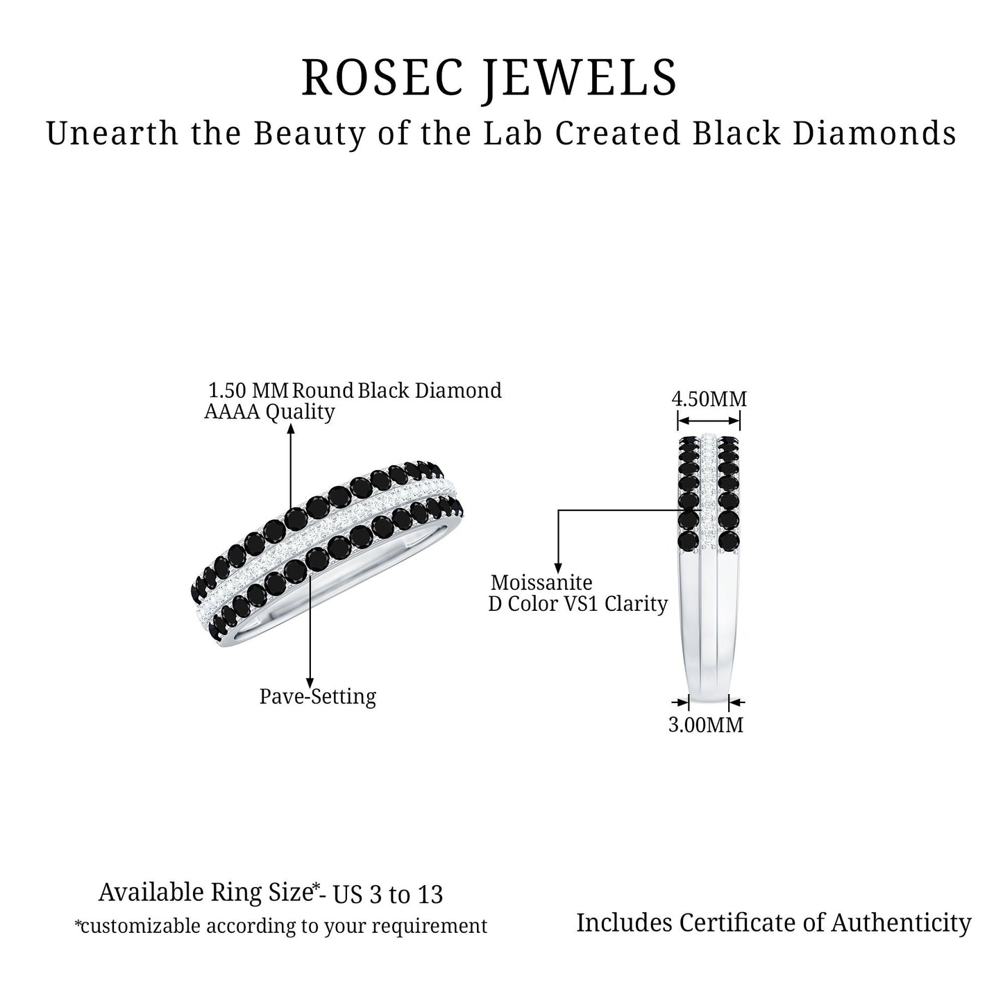 Certified Lab Grown Black Diamond Three Row Wedding Band with Moissanite