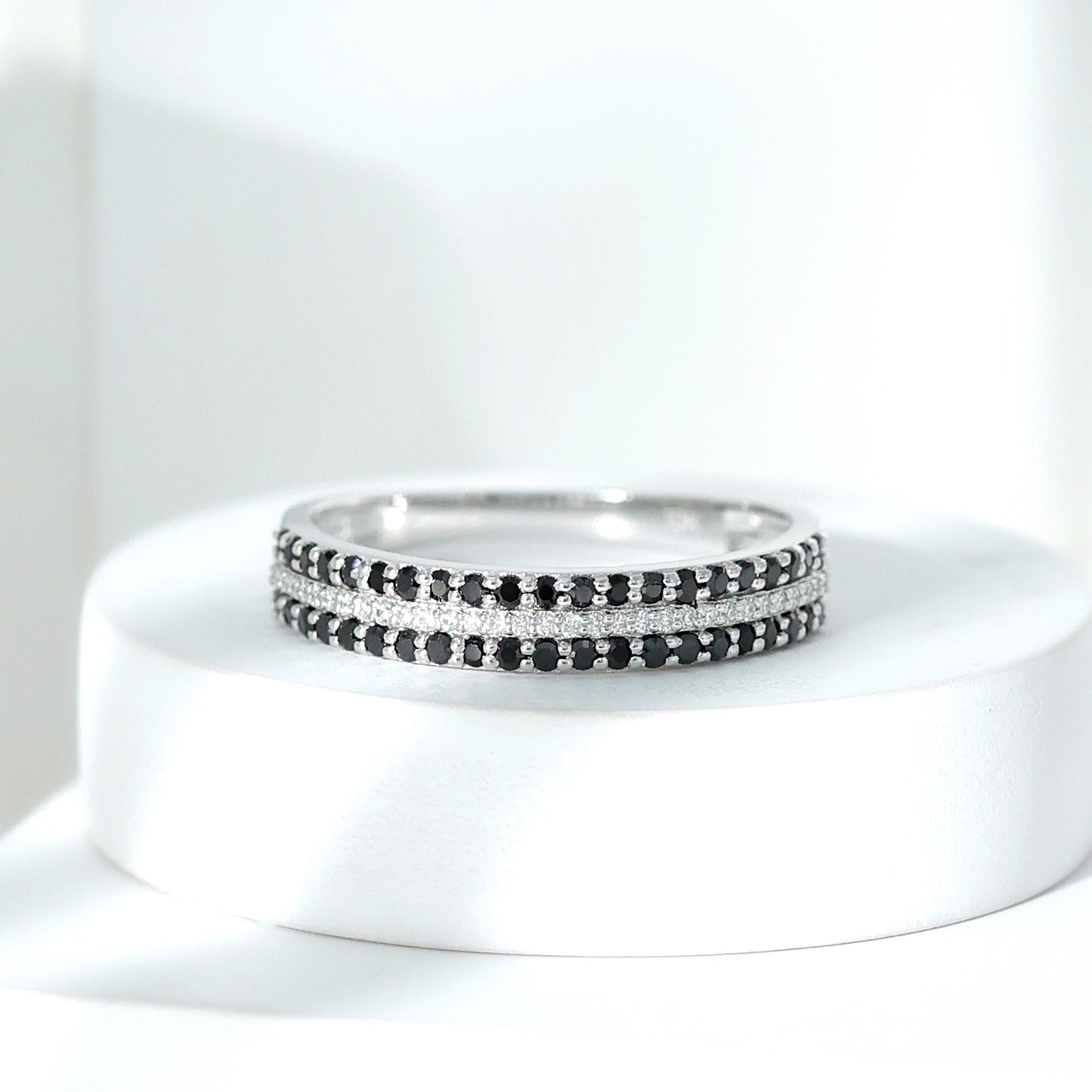 Certified Lab Grown Black Diamond Three Row Wedding Band with Moissanite