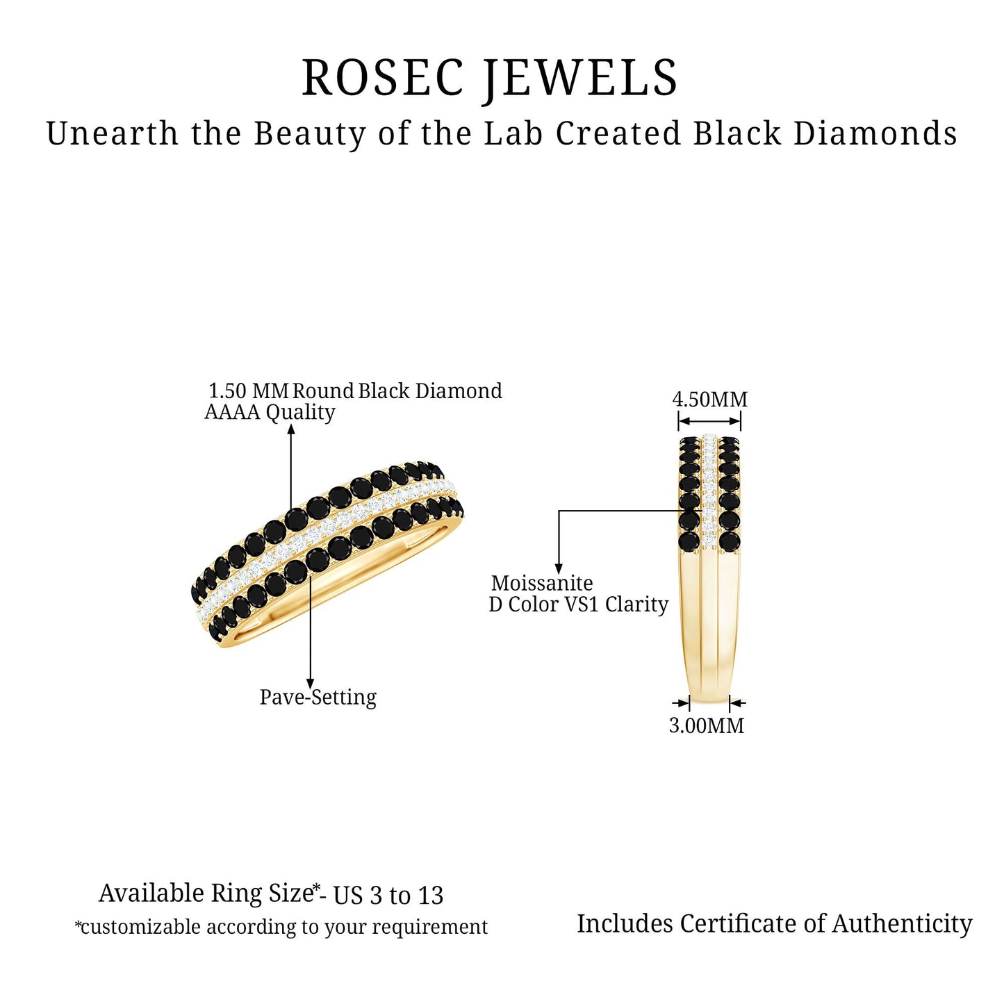 Certified Lab Grown Black Diamond Three Row Wedding Band with Moissanite