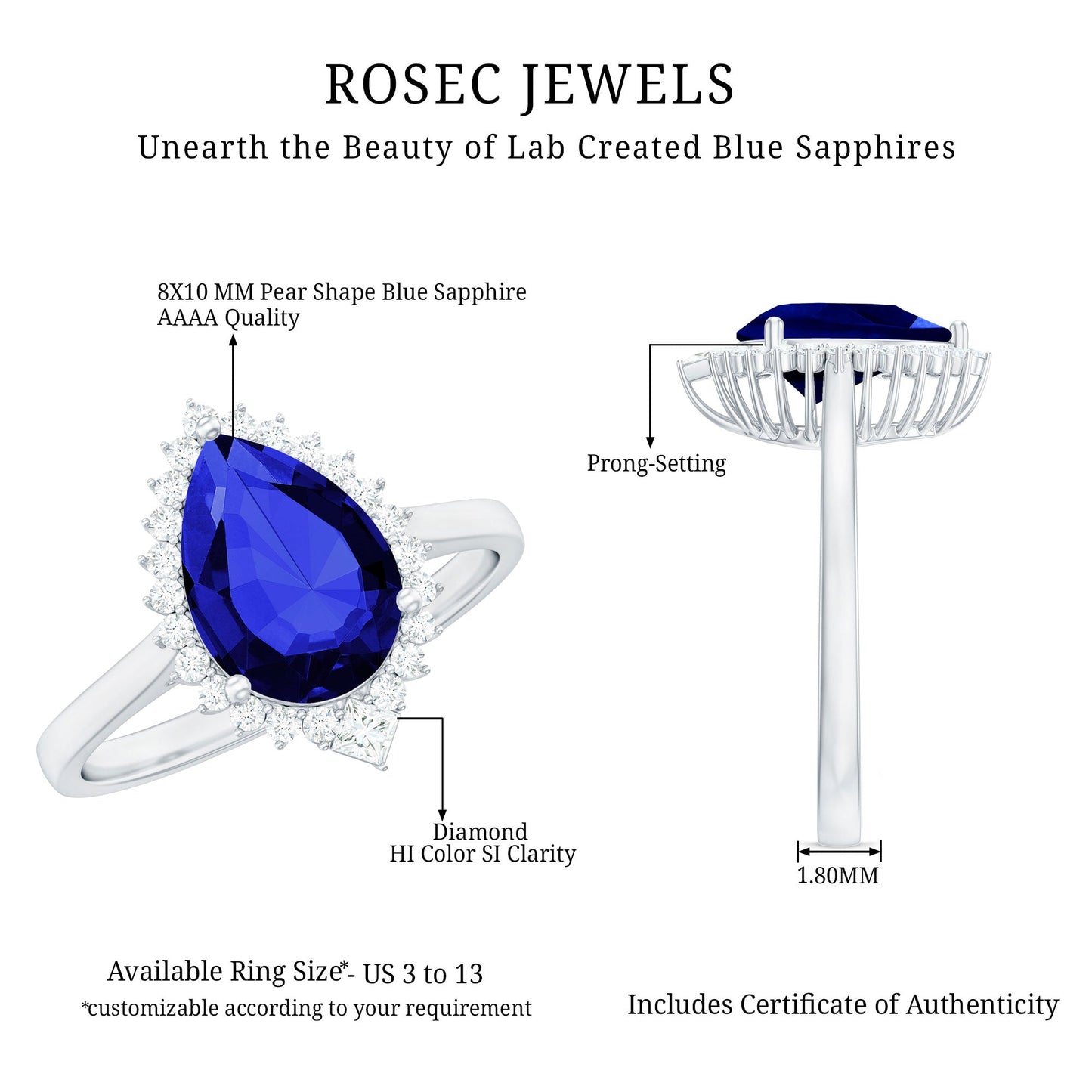 Certified 3 Carat Lab Grown Blue Sapphire Pear Shaped Engagement Ring with Diamond Halo
