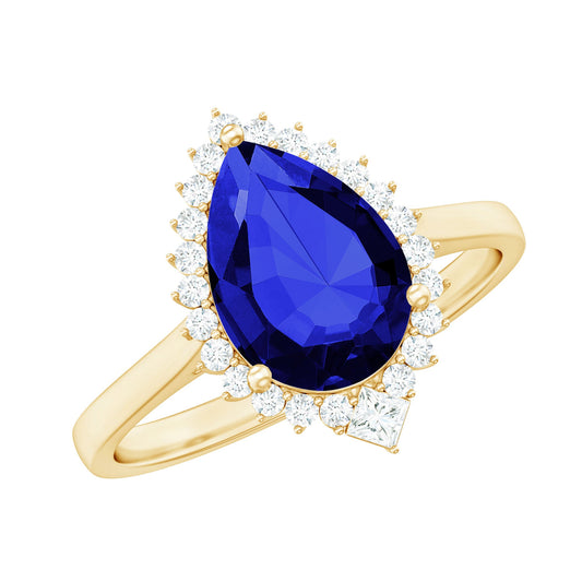 Certified 3 Carat Lab Grown Blue Sapphire Pear Shaped Engagement Ring with Diamond Halo