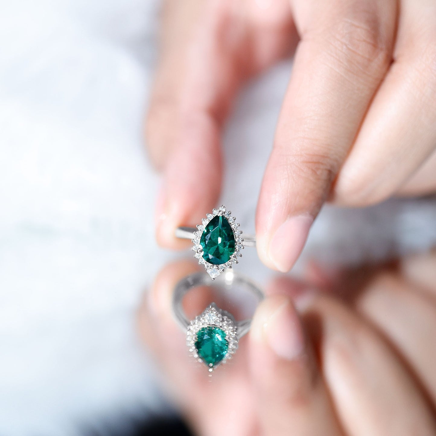 Certified 7X10 mm Lab Grown Emerald Teardrop Engagement Ring with Diamond Halo