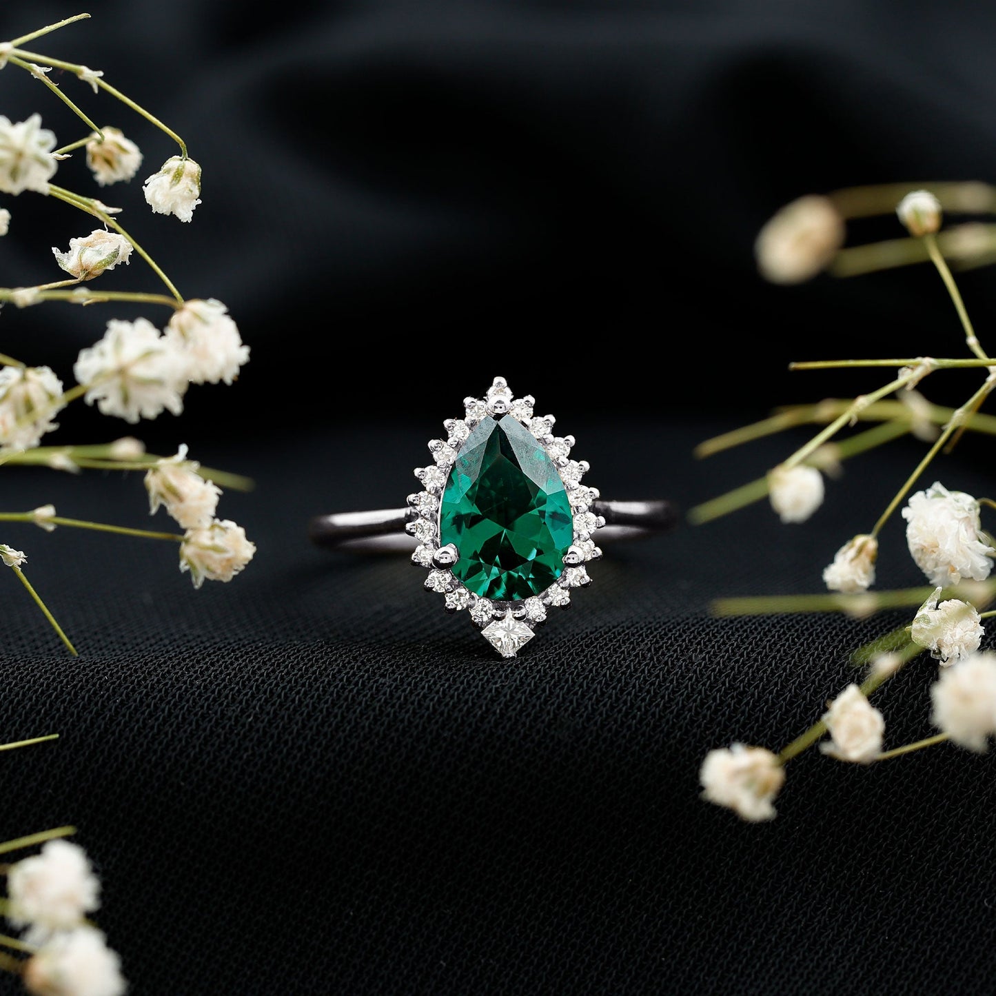 Certified 7X10 mm Lab Grown Emerald Teardrop Engagement Ring with Diamond Halo