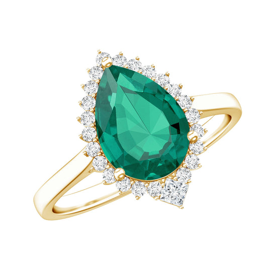Certified 7X10 mm Lab Grown Emerald Teardrop Engagement Ring with Diamond Halo