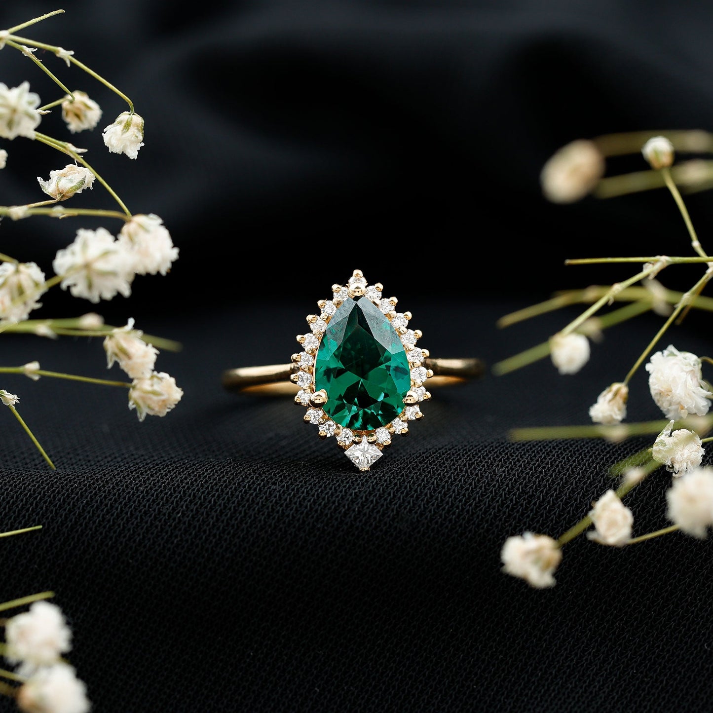 Certified 7X10 mm Lab Grown Emerald Teardrop Engagement Ring with Diamond Halo