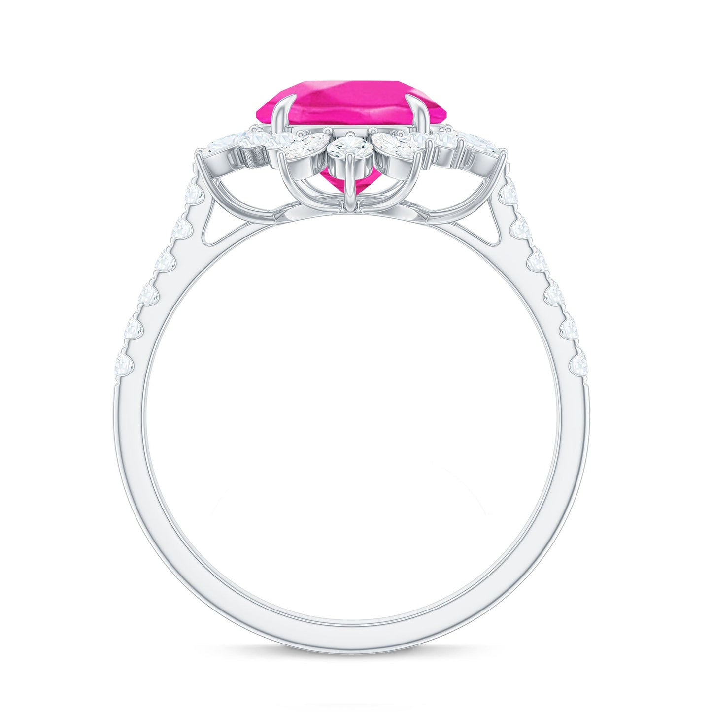 Created Pink Sapphire Cocktail Ring with Moissanite Floral Halo