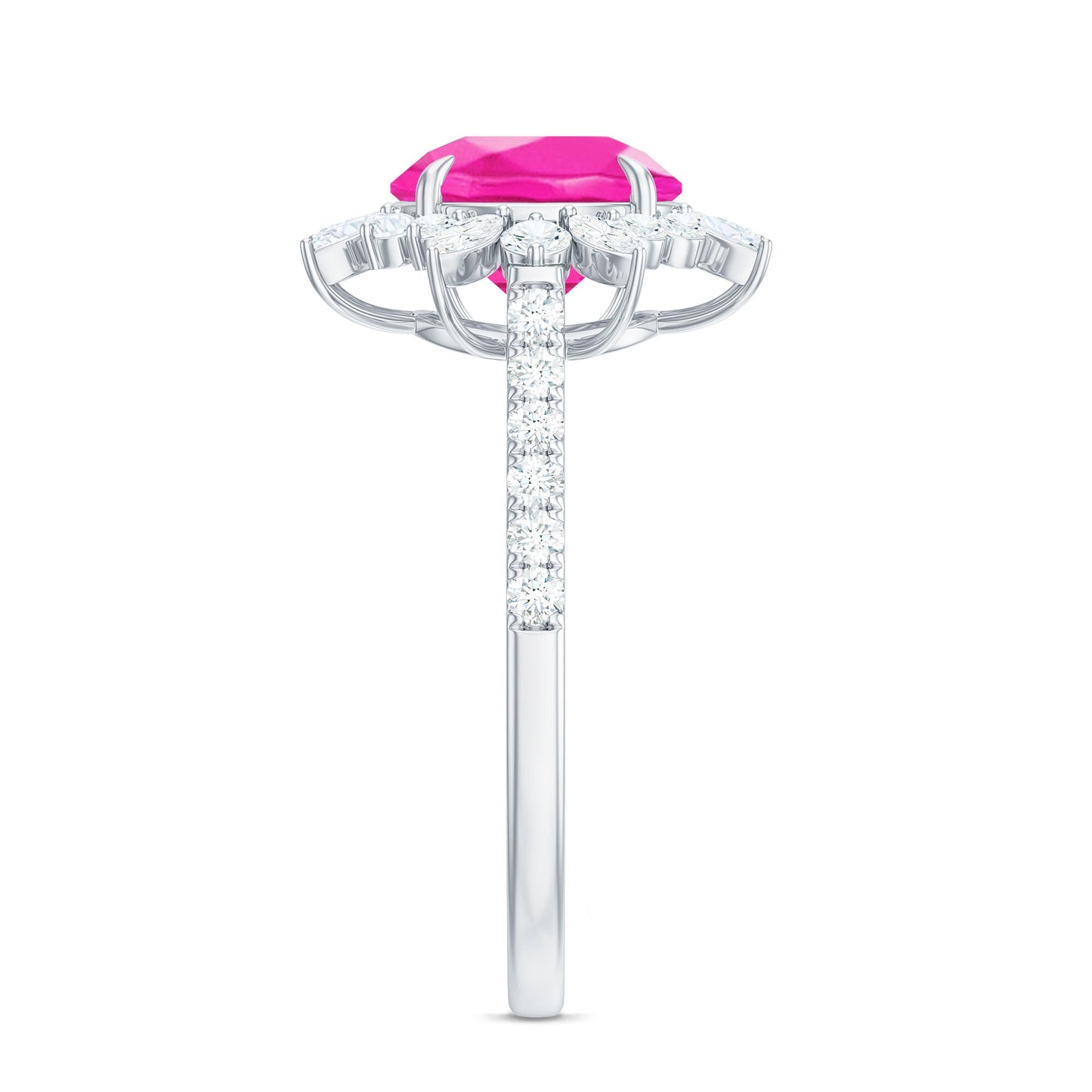 Created Pink Sapphire Cocktail Ring with Moissanite Floral Halo