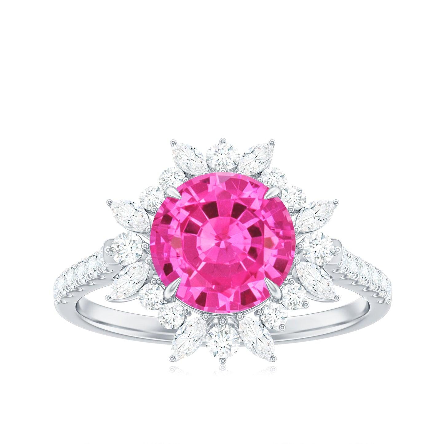 Created Pink Sapphire Cocktail Ring with Moissanite Floral Halo