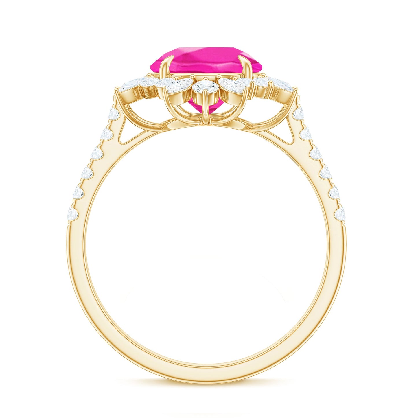 Created Pink Sapphire Cocktail Ring with Moissanite Floral Halo