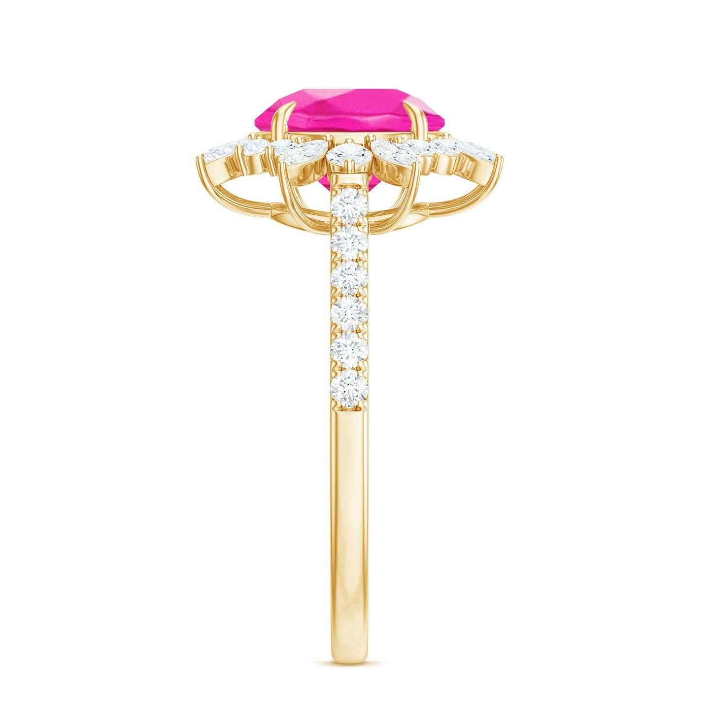 Created Pink Sapphire Cocktail Ring with Moissanite Floral Halo