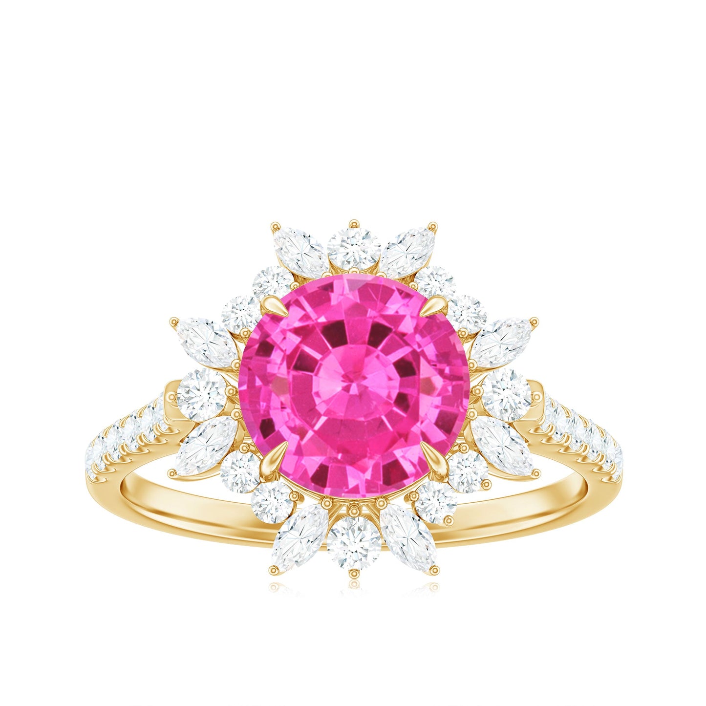 Created Pink Sapphire Cocktail Ring with Moissanite Floral Halo
