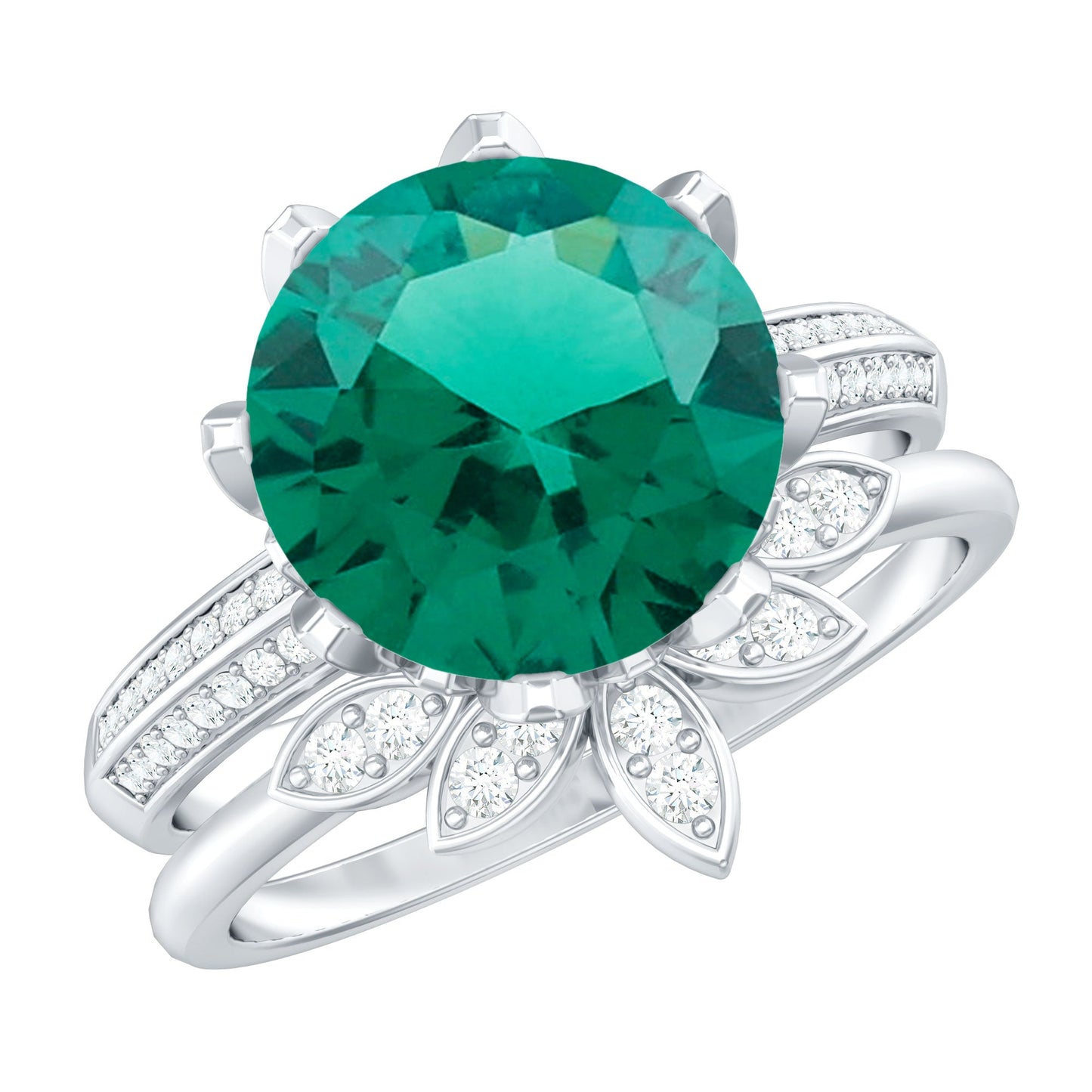 Floral Inspired Lab Grown Emerald Bridal Engagement Ring With Moissanite Enhancer