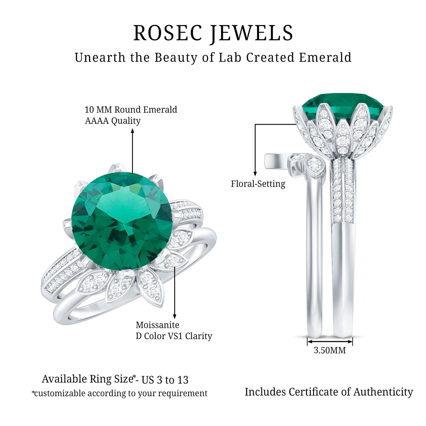 Floral Inspired Lab Grown Emerald Bridal Engagement Ring With Moissanite Enhancer