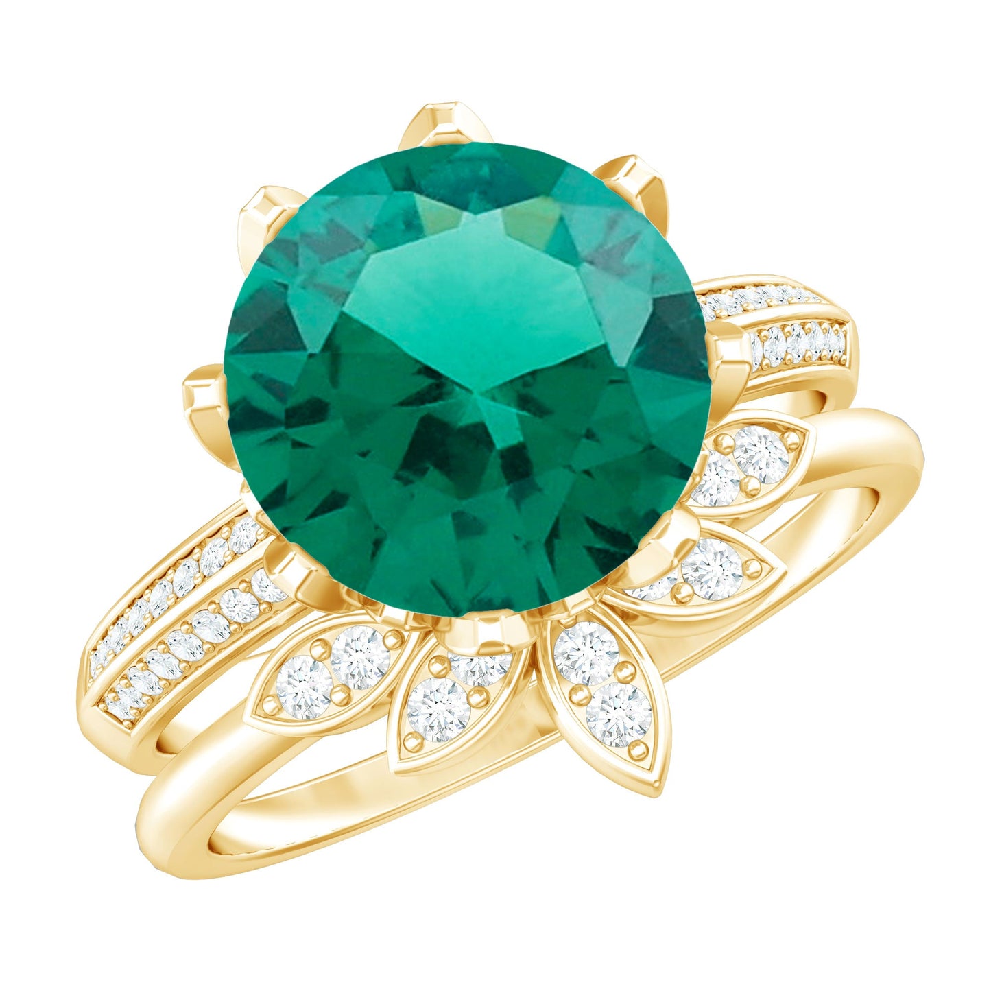Floral Inspired Lab Grown Emerald Bridal Engagement Ring With Moissanite Enhancer