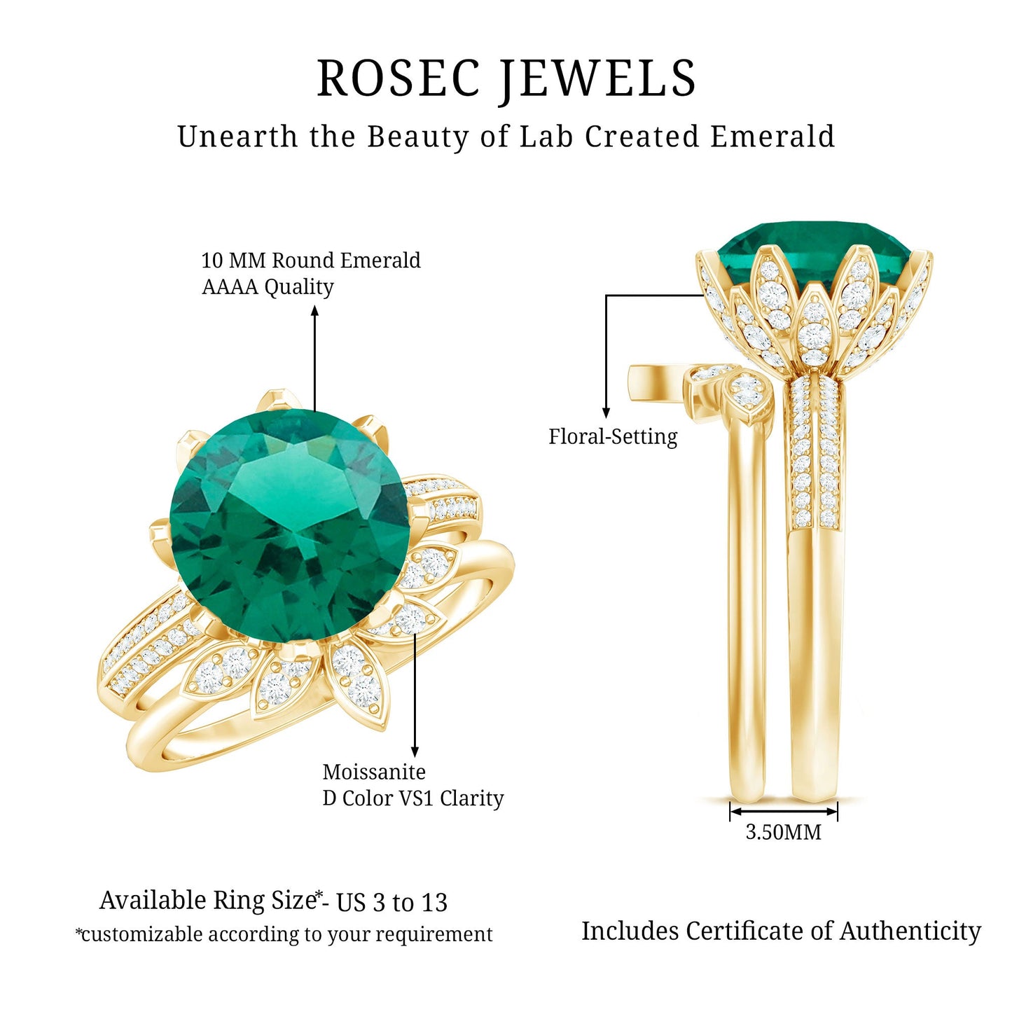 Floral Inspired Lab Grown Emerald Bridal Engagement Ring With Moissanite Enhancer
